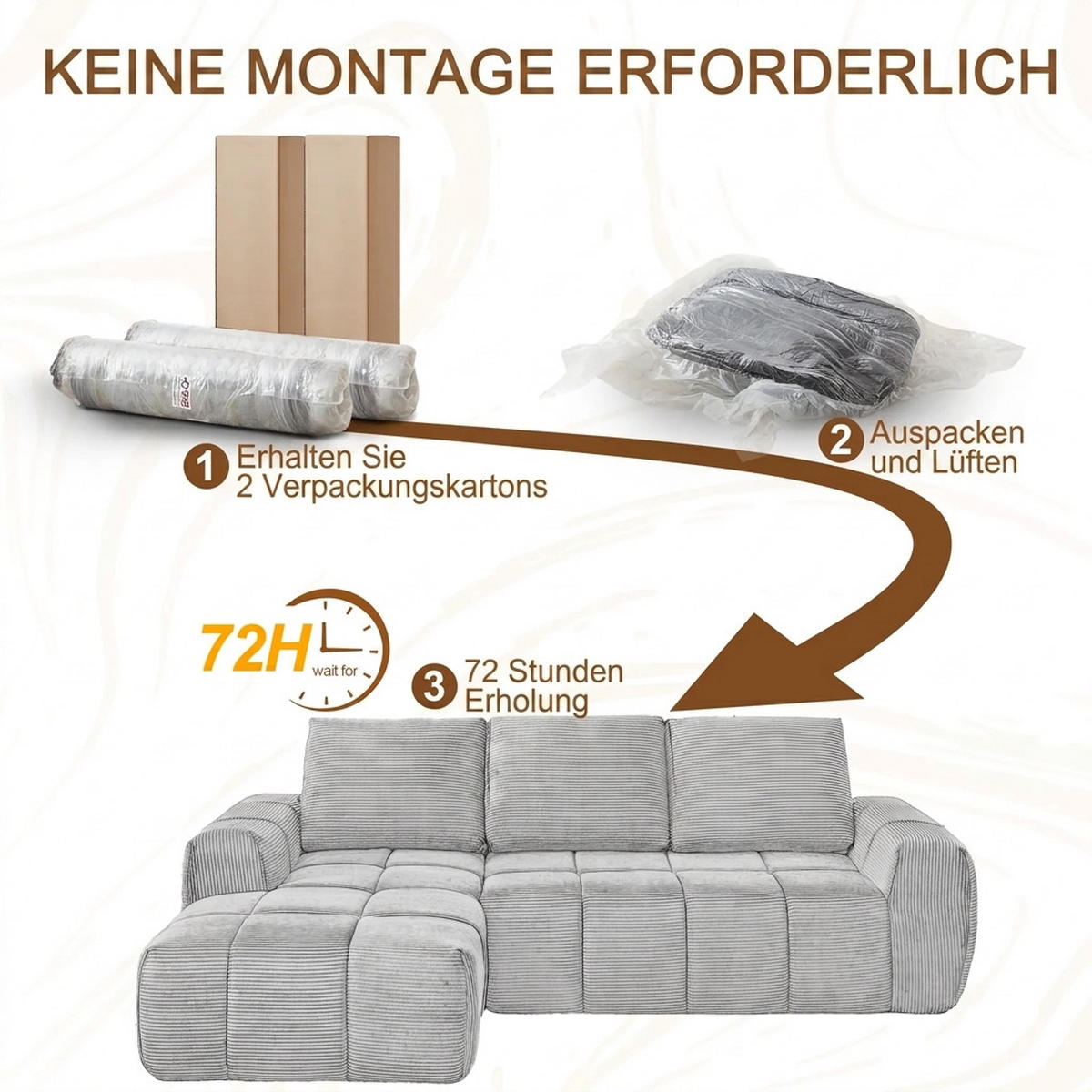 ECKSOFA 255/162/84 cm Taupe Cord mit abnehmbaren Kissen, Linke Seite - Taupe, Textil (255/162cm) - Oxeza