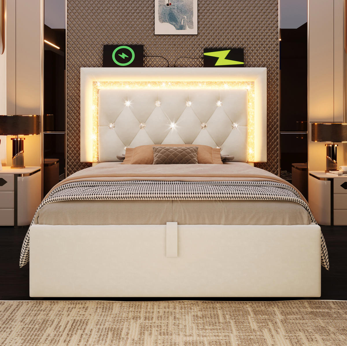 POLSTERBETT 90/200 cm Beige aus Samt mit Bettkasten, LED und USB- und Type-C-Anschlüssen - Beige, Textil (90/200cm) - Flora Grace