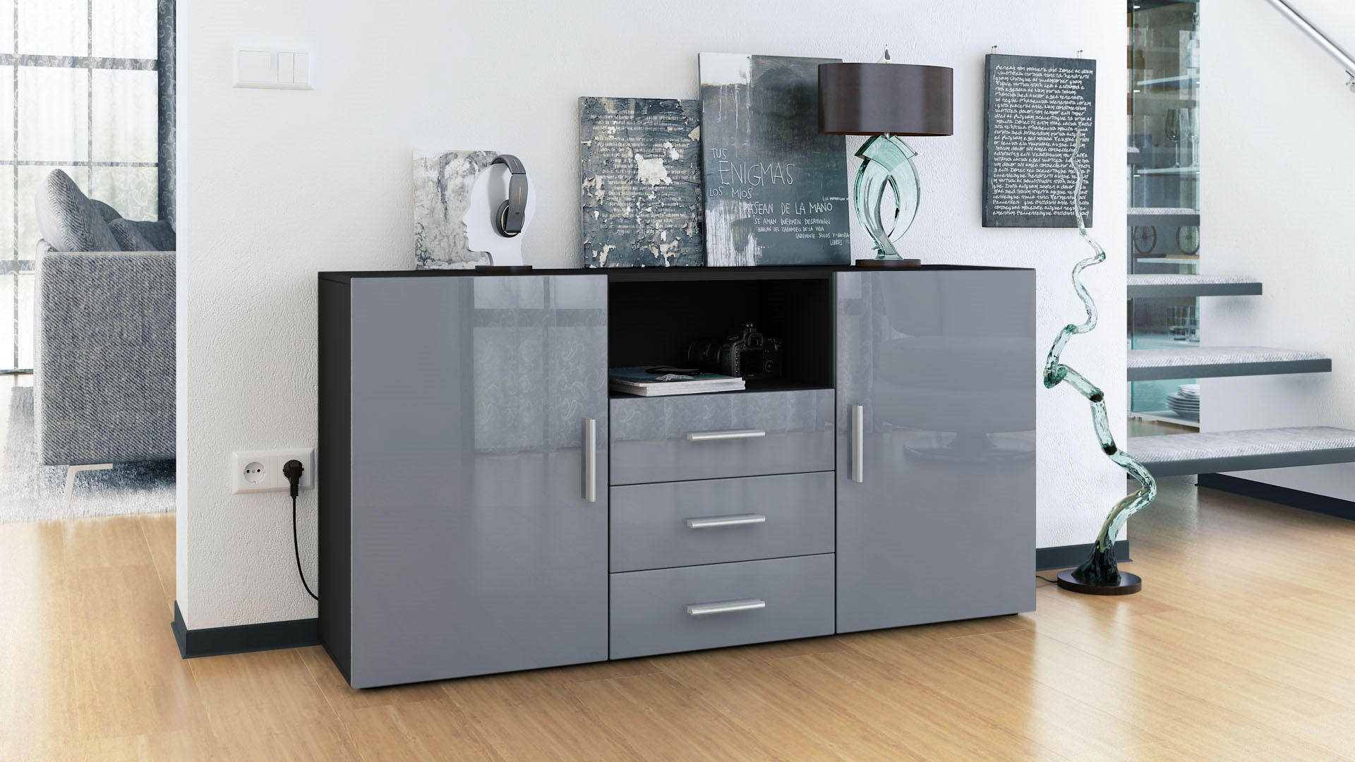 SIDEBOARD Skadu Front in Grau Hochglanz - Grau, Holzwerkstoff (138.5/71.5/35cm) - Vladon