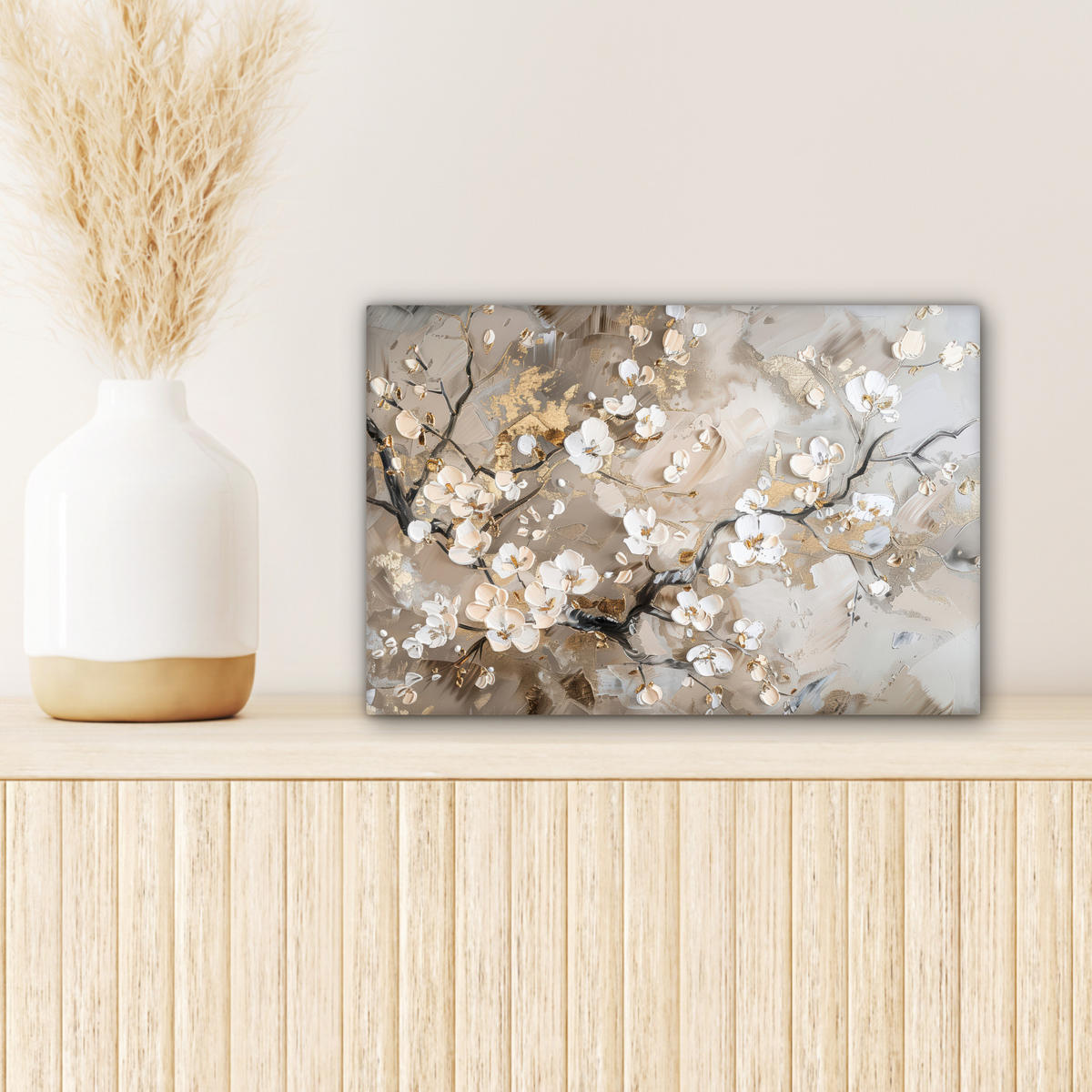 LEINWANDBILD - Blumen - Weiß - Gold - Beige - Luxus - 30x20 - Deko XXL - Greige, Textil (30/20cm) - MuchoWow