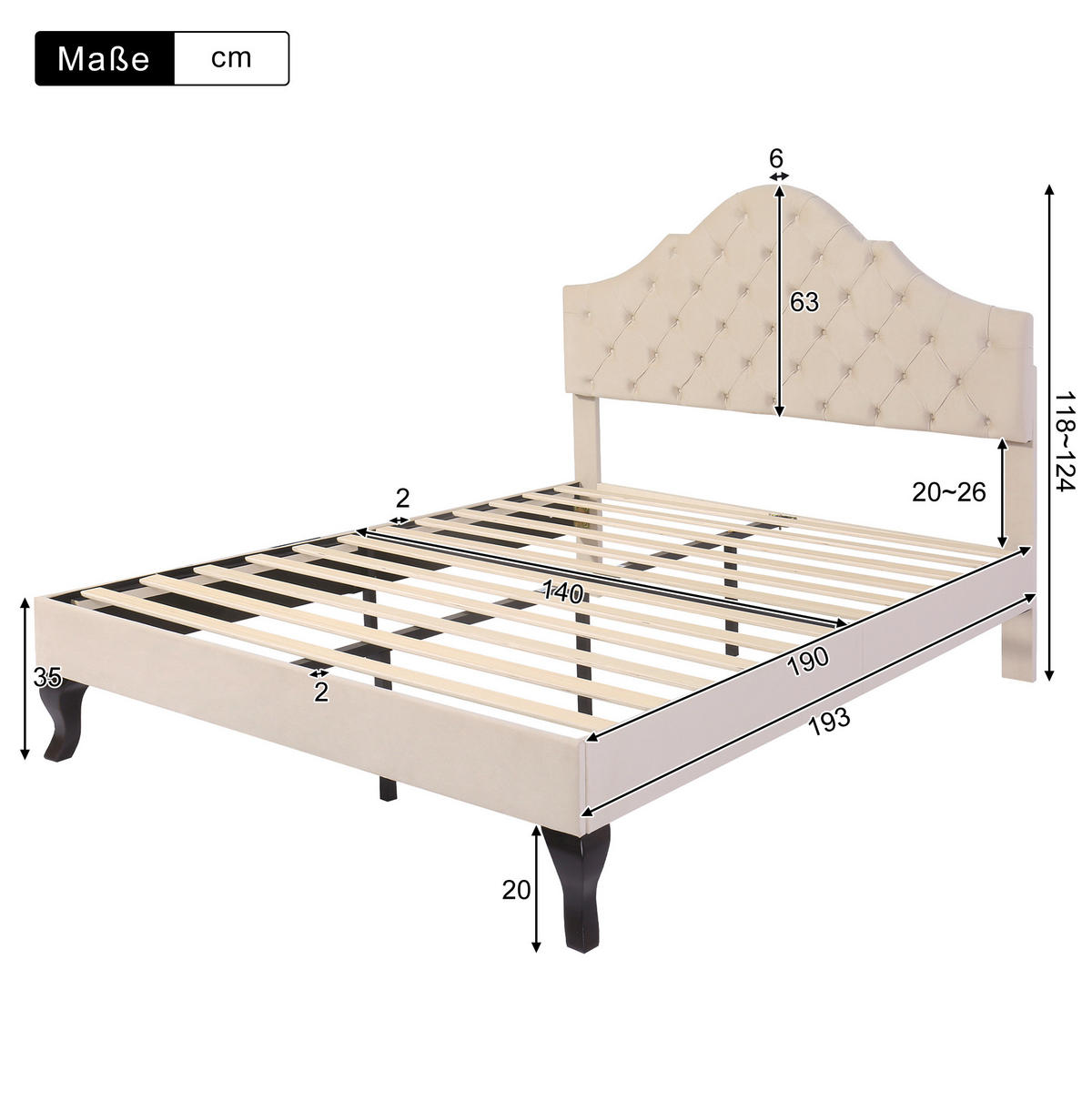 POLSTERBETT 140/190 cm Off White aus Velours mit höhenverstellbarem Kopfteil - Beige, Textil (140/190cm) - OKMYHOME
