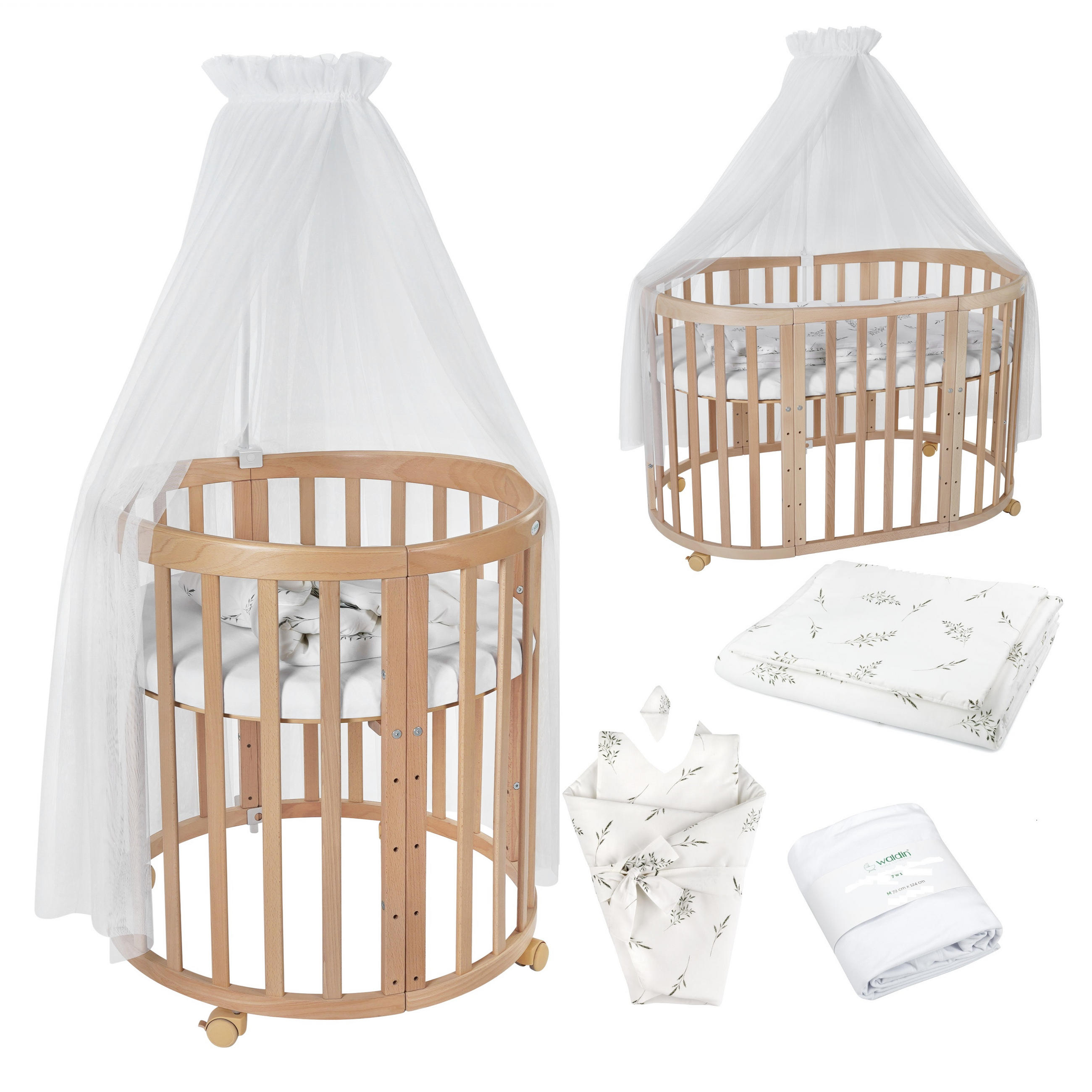 BABYBETT NATUR OVAL 7in1 mit Matratze und Himmelset - Naturfarben/Weiß, Holz/Textil