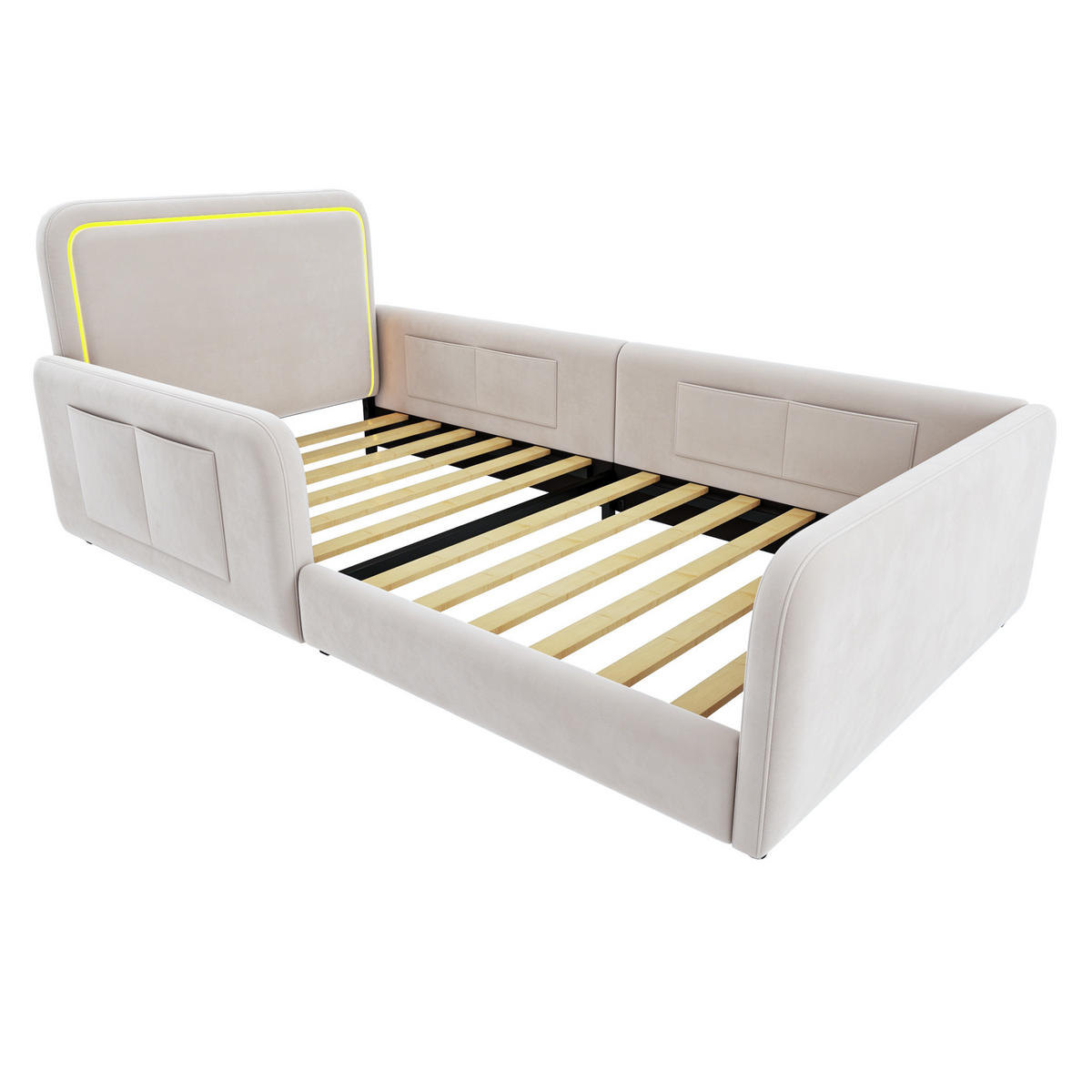 POLSTERBETT 90x200cm LED App Steuerung Seitentasche Beige - Beige, Textil (90/200cm) - FLIEKS