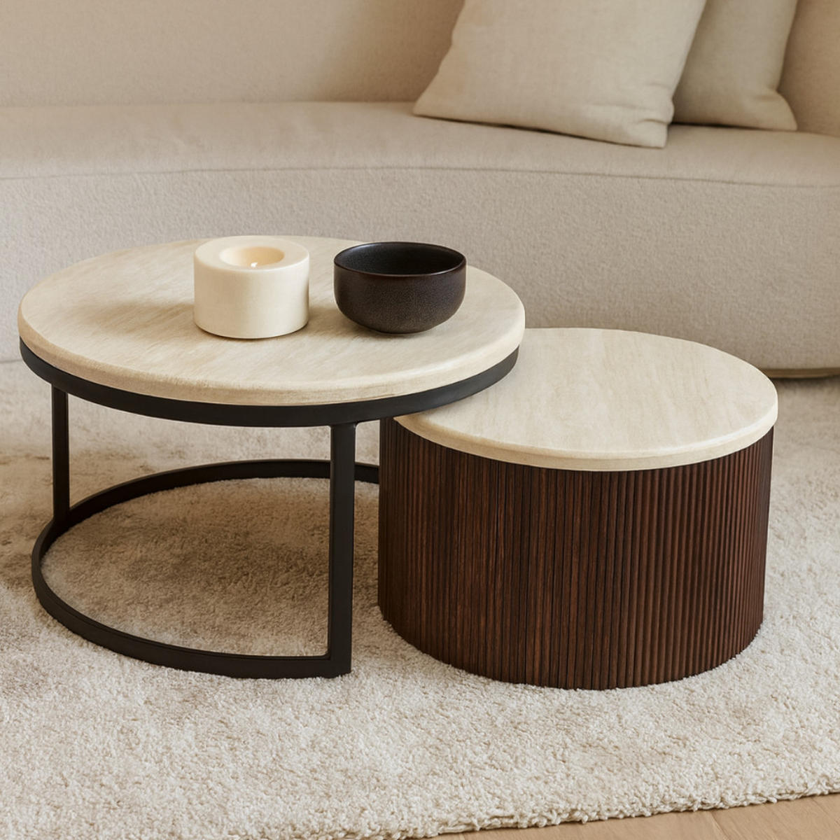 COUCHTISCH-SET "Montano" – 2-teiliges Lounge-Set in edler Travertin-Optik - Beige/Braun, Keramik (80/80/60cm) - alesvelt