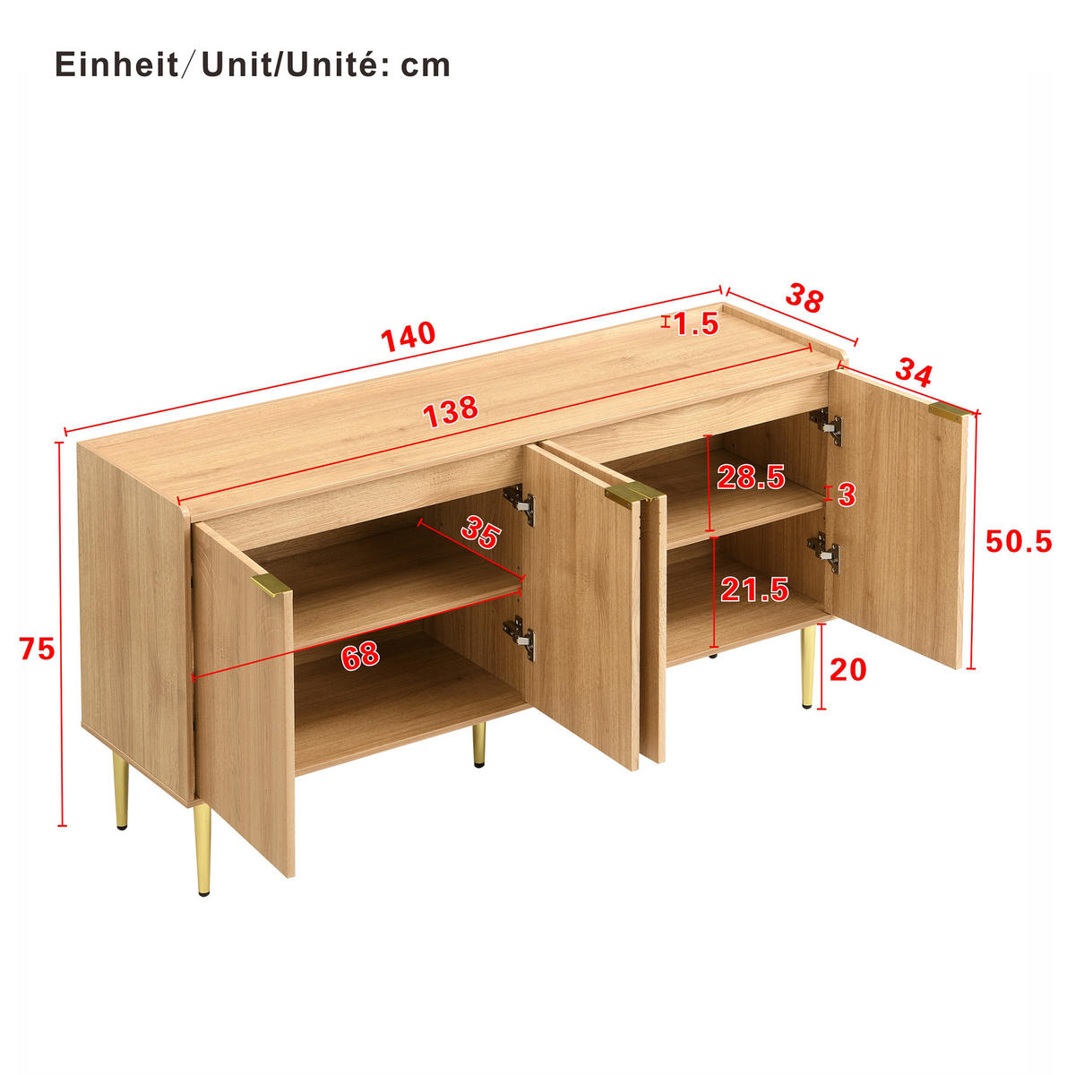 SIDEBOARD 140 cm in Natur Holzoptik mit 3D-Bogenfronten - Eiche San Remo/Naturfarben, Holzwerkstoff (140/75/38cm) - Urban Meuble