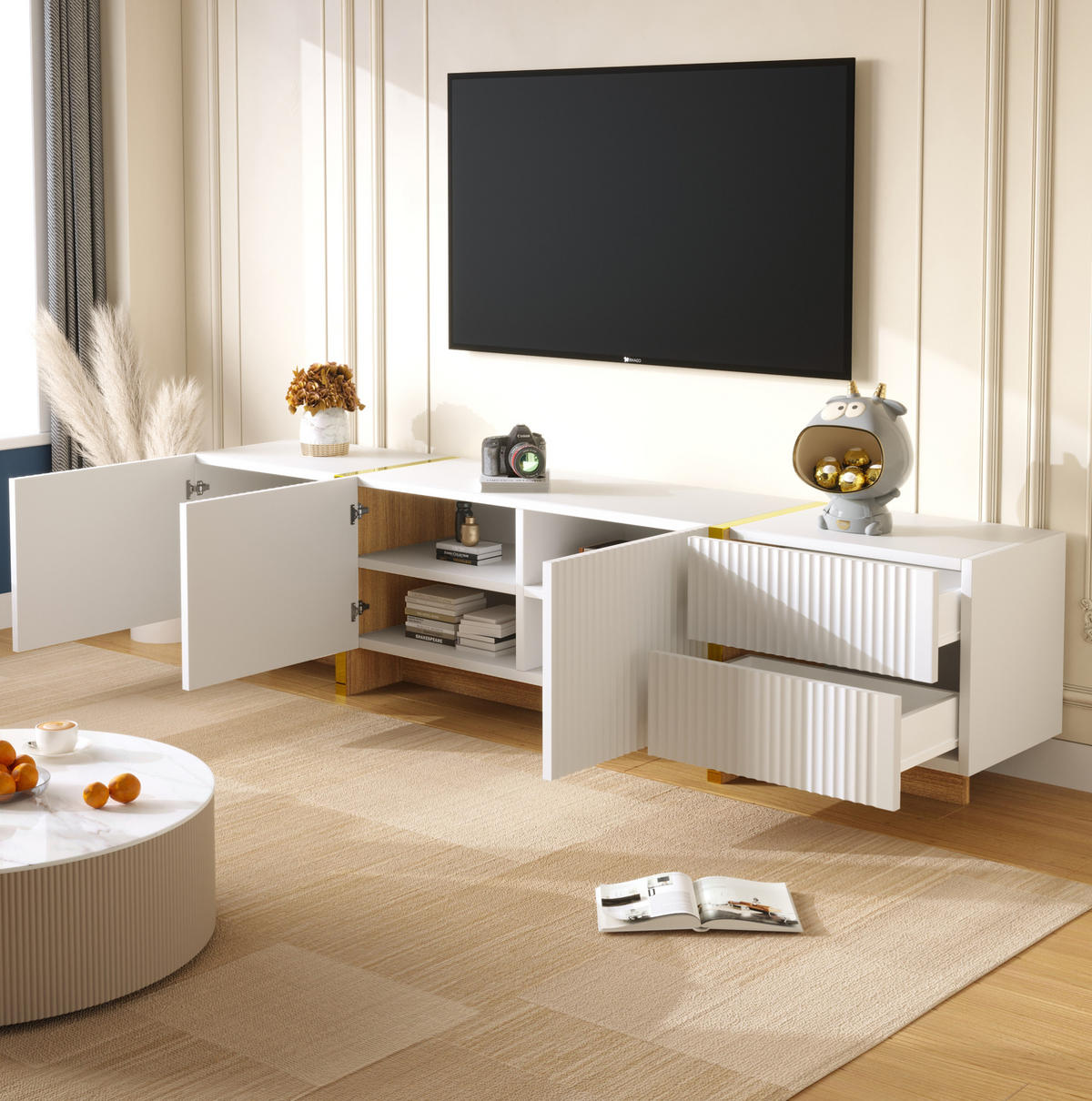 TV ormarić 190/35/45 cm bijelo-zlatni od MDF-a i iverice s 3 vrata i 2 ladice - bijela, drvni materijal (190/45/35cm) - OKWISH