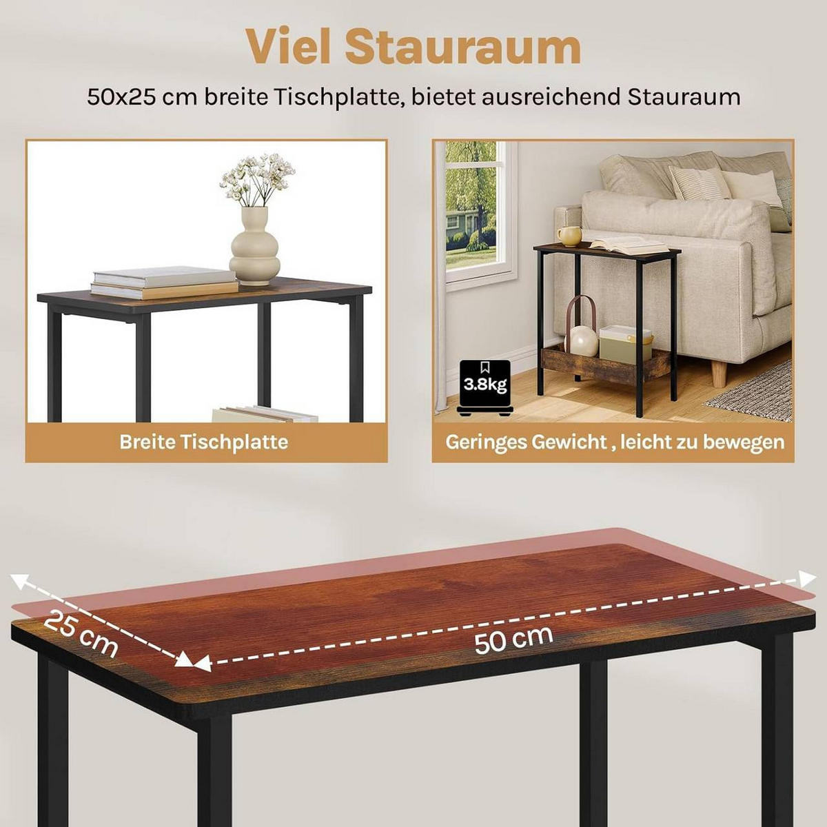 BEISTELLTISCH mit Ablage, Vintagebraun - Dunkelbraun/Schwarz, Holzwerkstoff/Metall (25/50/55cm) - Woltu