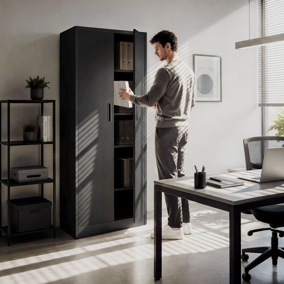 AKTENSCHRANK Brandon, Kippschutz, höhenverstellbare Füße, schwarz - Schwarz, Metall (60/180.5/40cm) - tectake