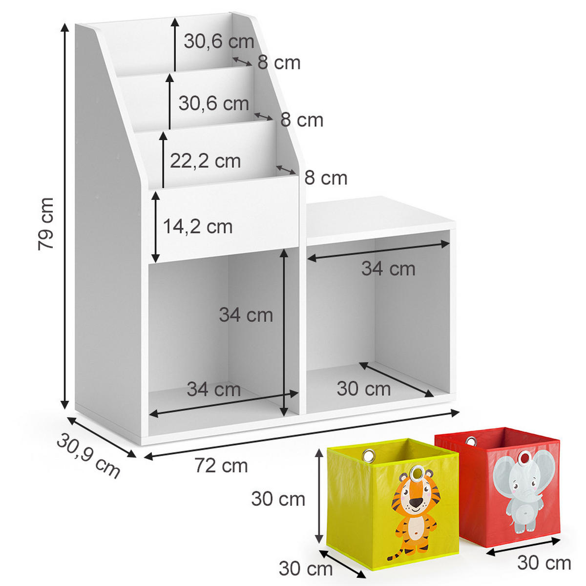 KINDERREGAL Luigi Weiß 72 x 79 cm Mini, mit 2 Faltboxen opt.2 - Weiß, Holzwerkstoff (30.9/79/72cm) - Vicco