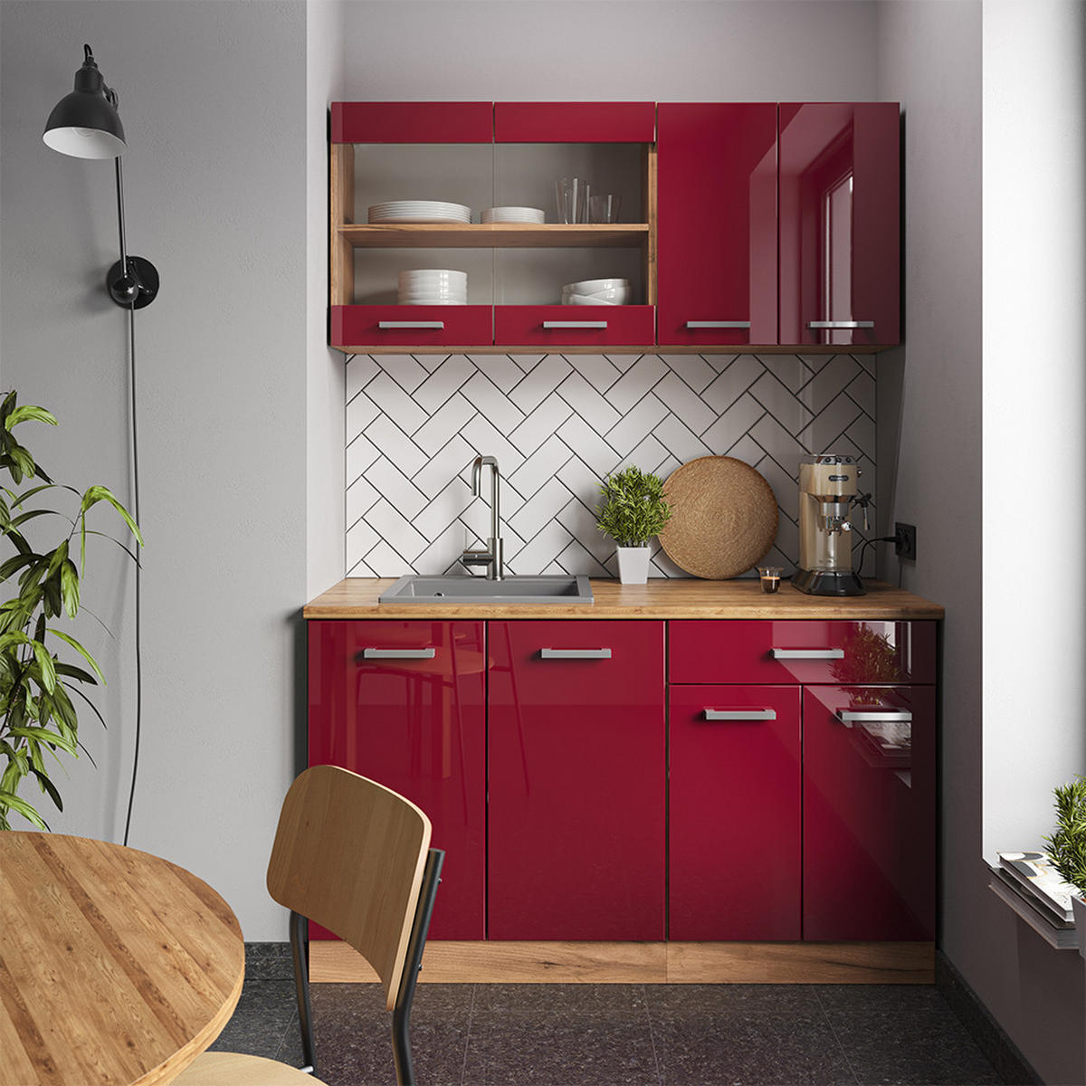 SINGLEKÜCHE R-Line Rot Hochglanz/Goldkraft Eiche 140 cm ohne Arbeitsplatte - Honigeiche/Rot, Holzwerkstoff (140/81.6/46cm) - Vicco