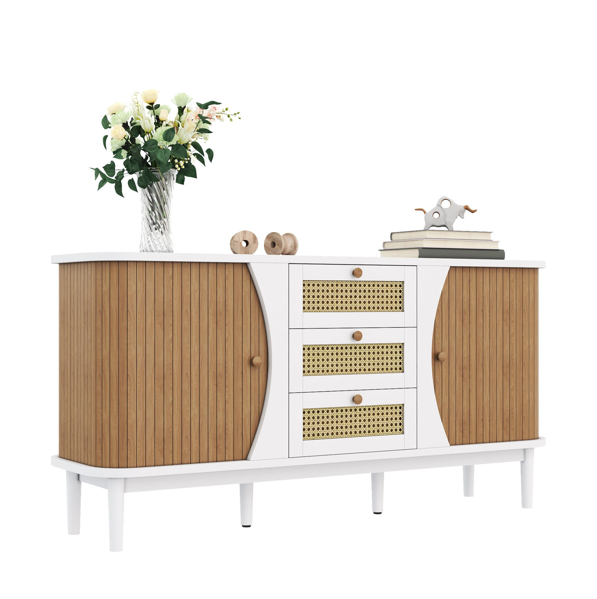 Modfu KOMODA z MDF a dřevotřísky 140,5x76x40 cm bílá a v dekoru dřeva s ratanovými zásuvkami a nastavitelnými policemi