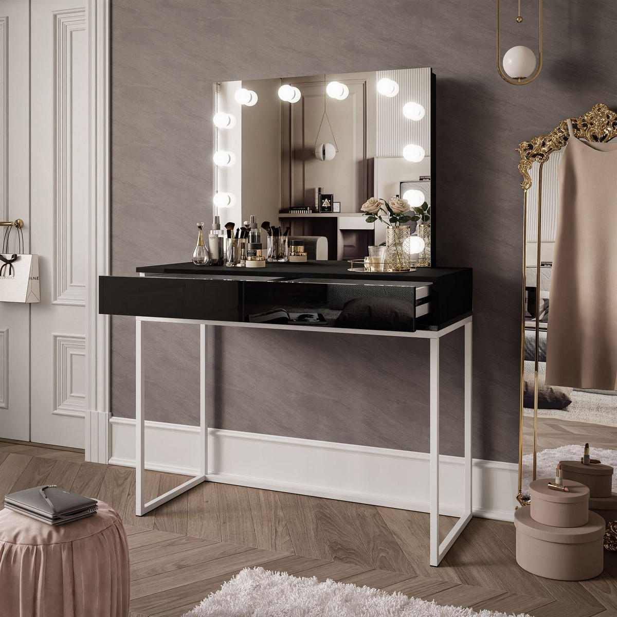 SCHMINKTISCH BLANCO LOFT ELITE mit Spiegel und Beleuchtung Schwarz Hochglanz PUSH OPEN - Schwarz Hochglanz/Silberfarben, Holzwerkstoff (100/146/42cm) - Lookway