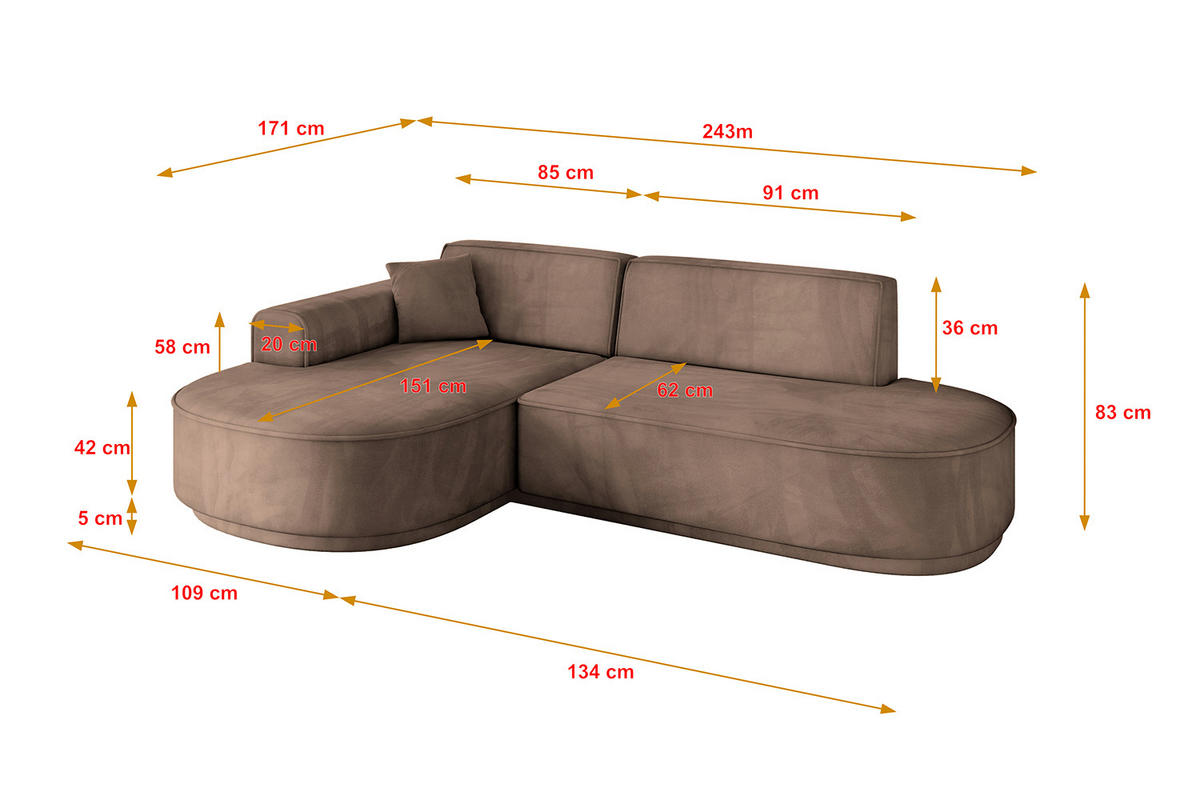 ECKSOFA Ottomane Links MARI-L1-v3 - 243x171x83 cm Braun Velours - Schwarz/Braun, Holzwerkstoff/Kunststoff (243/171cm) - ALTDECOR