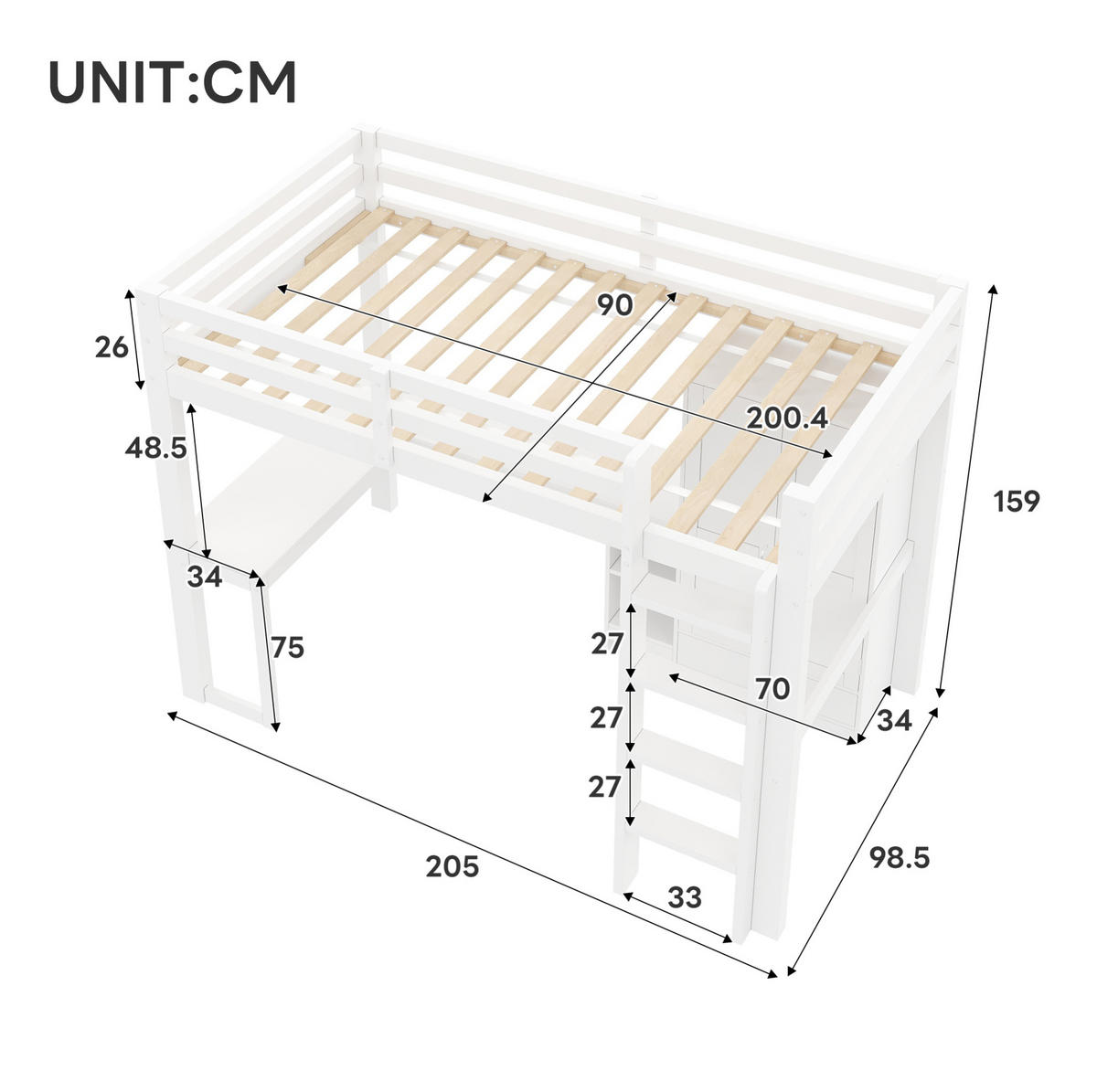 HOCHBETT aus Kiefernholz und MDF 90x200 cm Weiß mit Schreibtisch, Kleiderschrank, USB und LED-Beleuchtung - Weiß, Holzwerkstoff (90/200cm) - Modfu