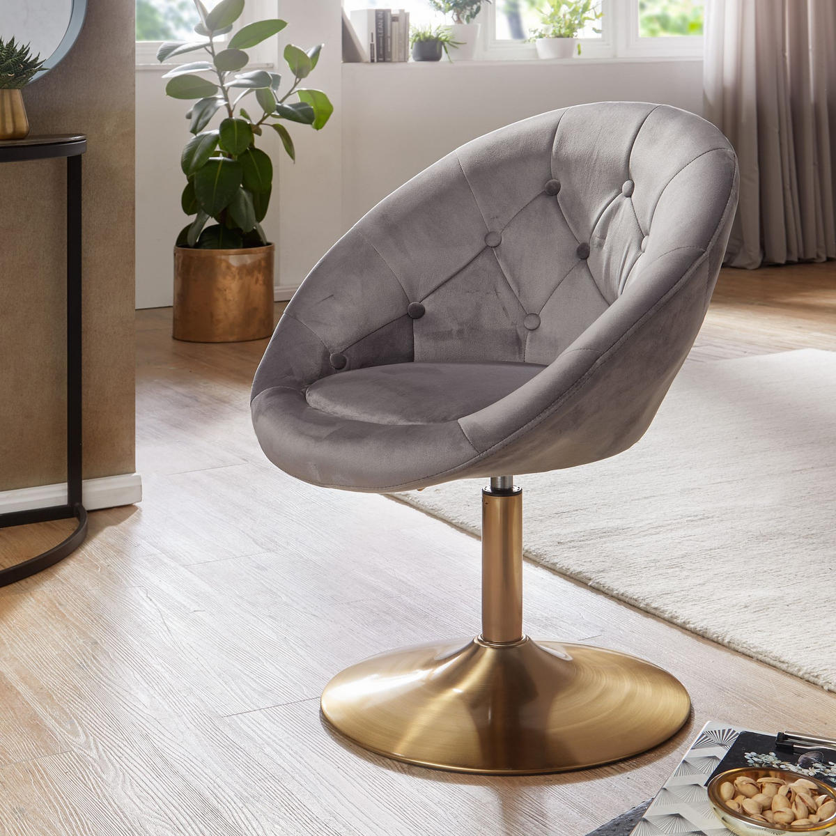 LOUNGESESSEL Chesterfield-Stil mit Samtbezug und 360° Drehfunktion, Grau 67x62x100 cm - Goldfarben/Grau, Textil/Metall (67/100/62cm) - KADIMA DESIGN