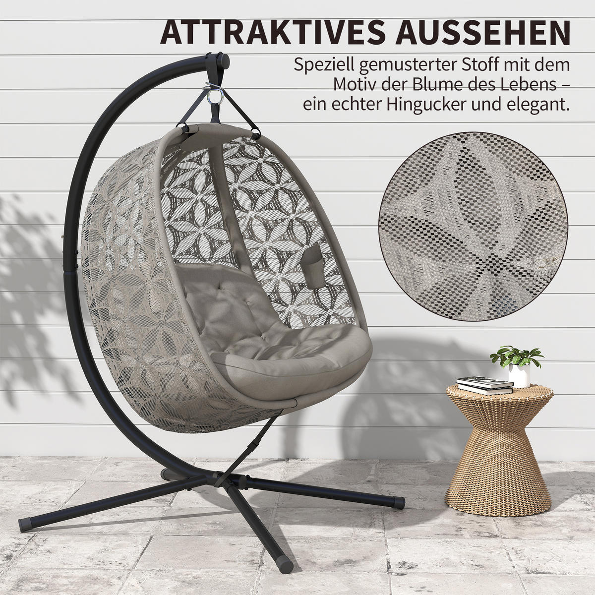HÄNGESESSEL Mit Gestell DE-07068 mit Becherhaltern, Sicherheitsgurt - Sandfarben, Metall (126/176/126cm) - ComfortXL