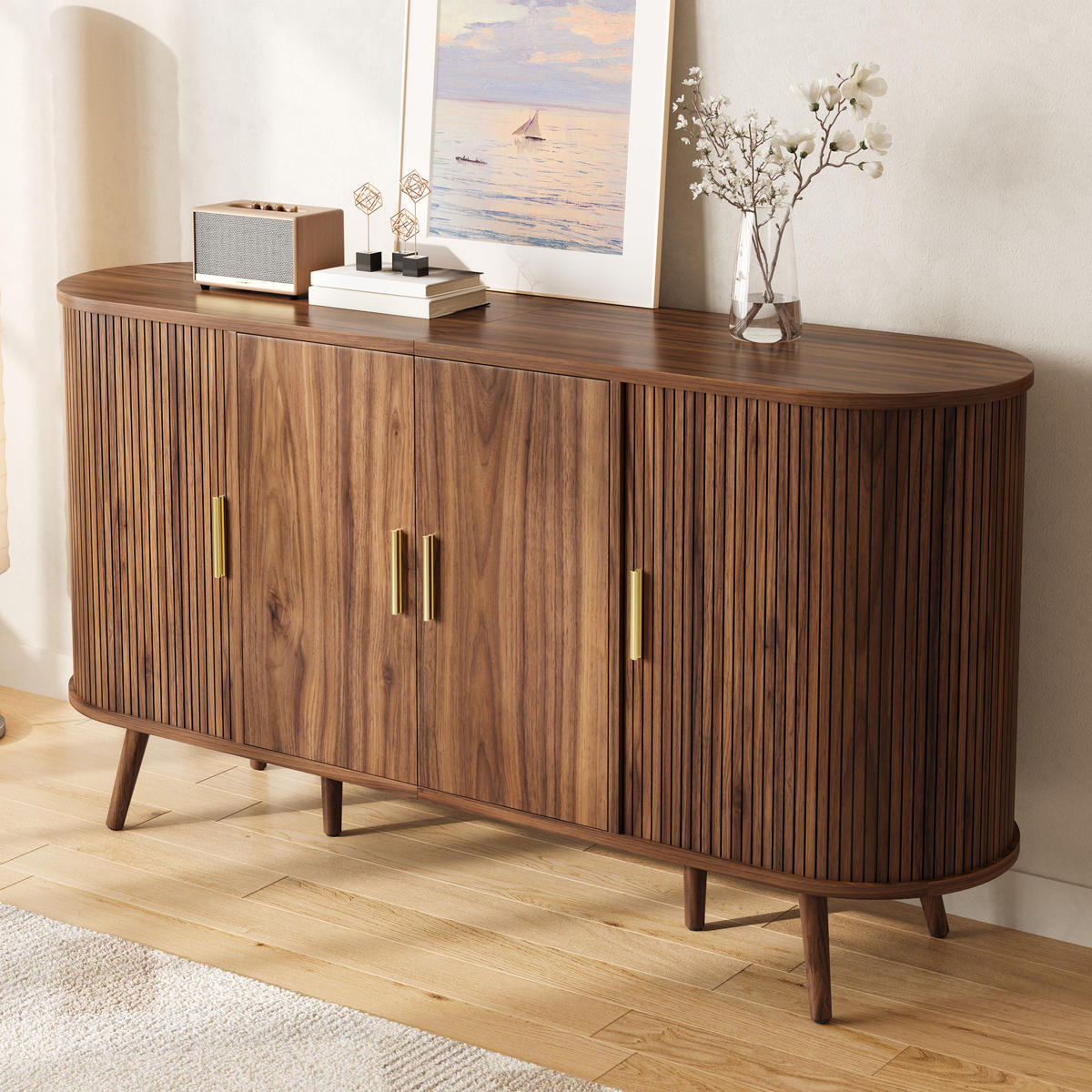 KOMODA Posuvná dvířka Rýhovaný design Moderní - barva vlašského ořechu, kompozitní dřevo (150/79/40cm) - FLIEKS