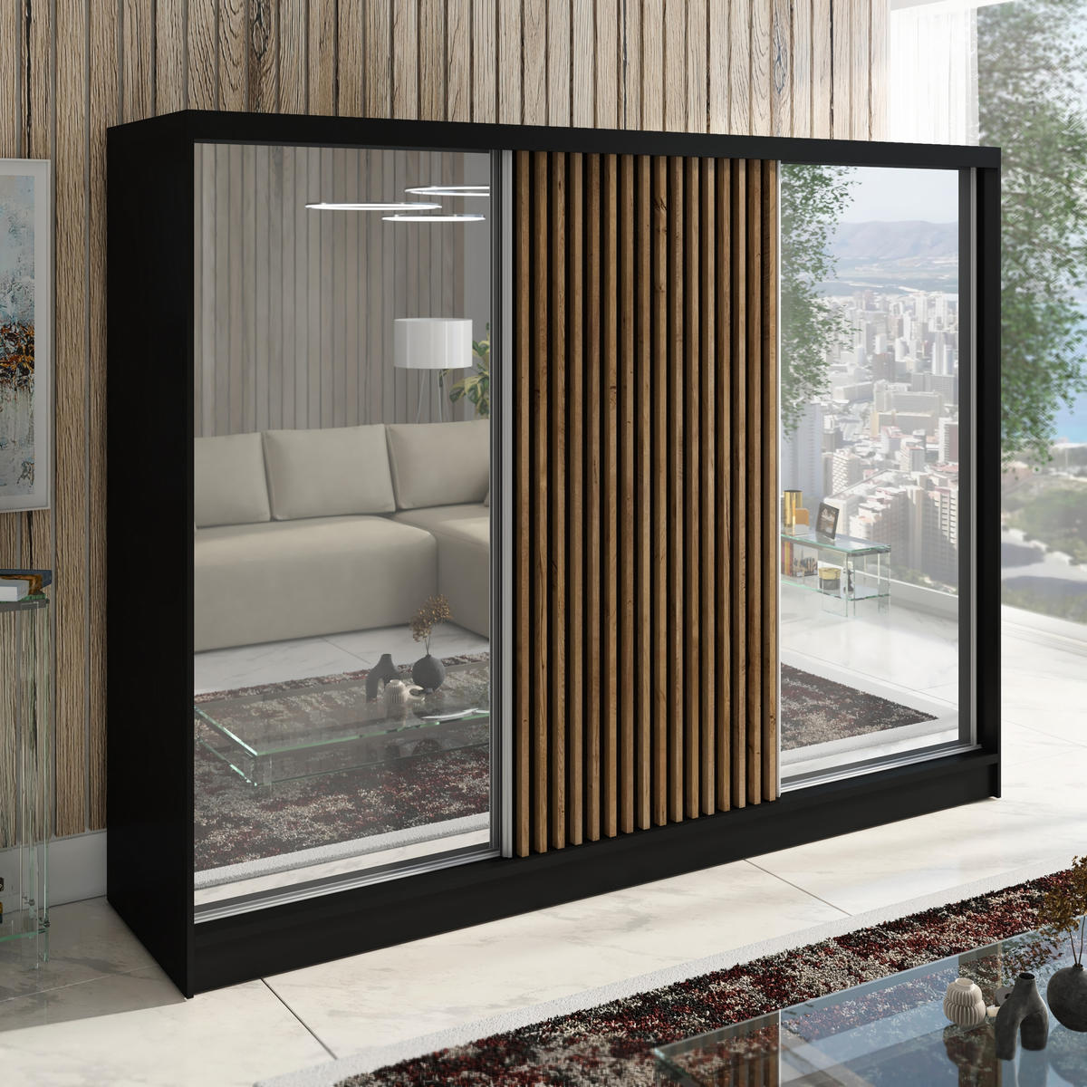 SCHWEBETÜRENSCHRANK 200 CM DIVER Farbe: Schwarz - Schwarz, Holzwerkstoff (200/215/59.5cm) - A&J MöbelLand