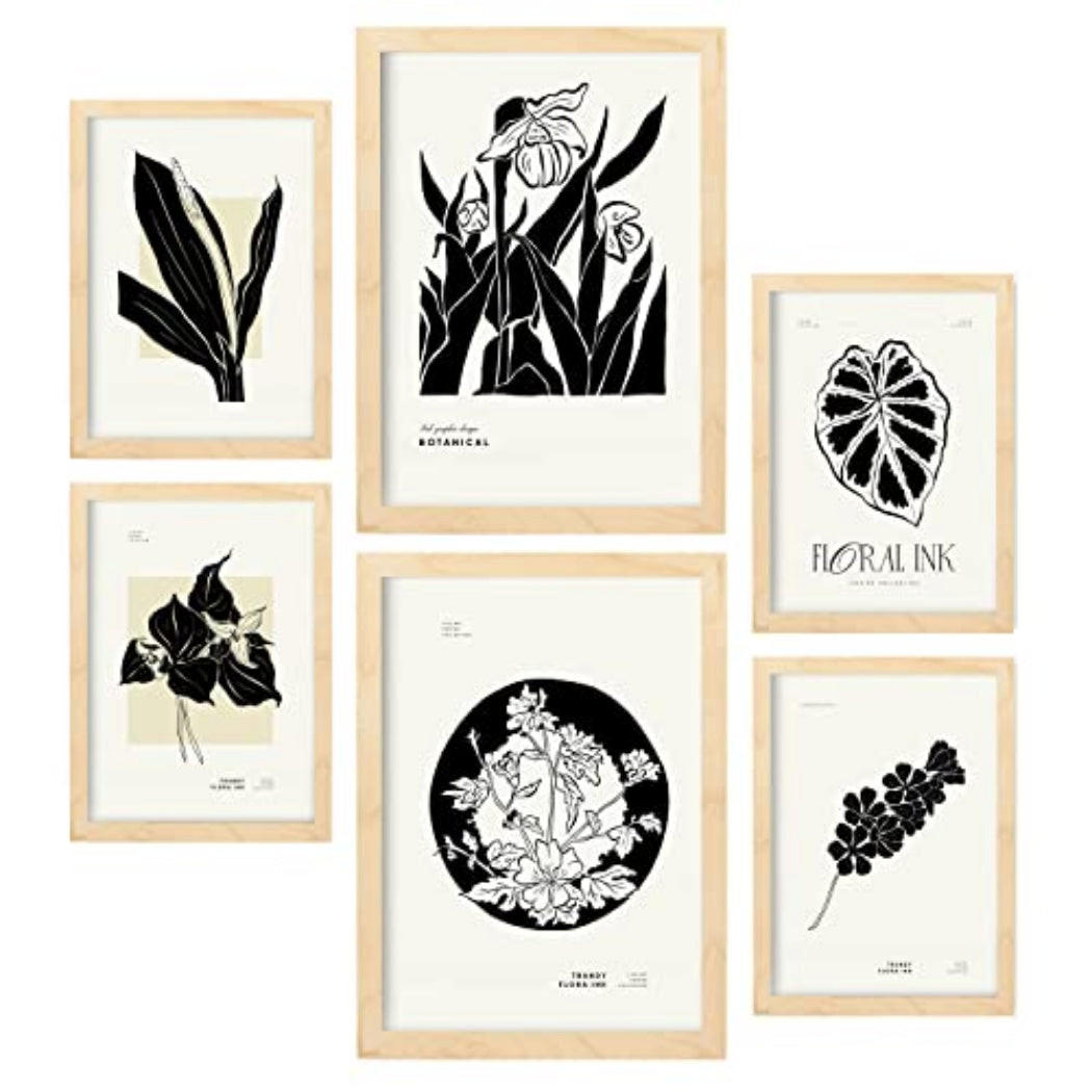 POSTER Set Mit 6 In Schwarzer Tinte Tropische Tinten Kunstdrucke Im Skizzenstil Für Innenarchitektur A3 & A4 Rahmen Aus Hellem Holz - Beige, Papier (29/3cm) - Nacnic
