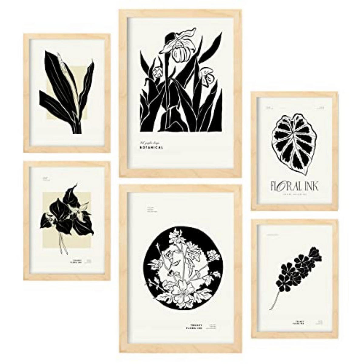 POSTER Set Mit 6 In Schwarzer Tinte Tropische Tinten Kunstdrucke Im Skizzenstil Für Innenarchitektur A3 & A4 Rahmen Aus Hellem Holz - Beige, Papier (29/3cm) - Nacnic