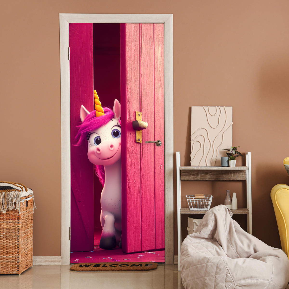 NÁLEPKA NA DVERE Jednorožec - Ružová - Dvere - Fantázia 80x215 cm - pink, plast (80/0.1cm) - MuchoWow