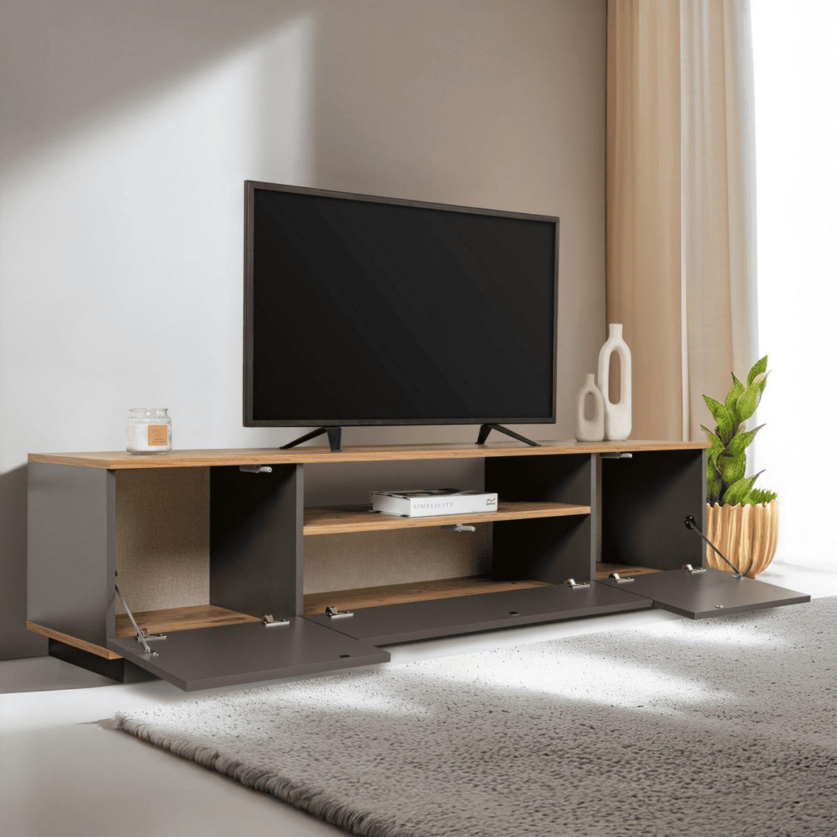 TV furniture with 3 folding doors and 1 niche, L180 cm - Grau, Holzwerkstoff (44.5/44.6/12cm) - Calicosy
