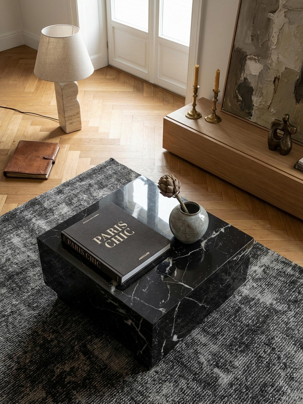 COUCHTISCH MONOBLOC in Hochglanz mit Marmor Optik, Quadratisch, Würfel-Form, Schwarz 60x60x35 cm - Schwarz, Holzwerkstoff (60/60/35cm) - KADIMA DESIGN