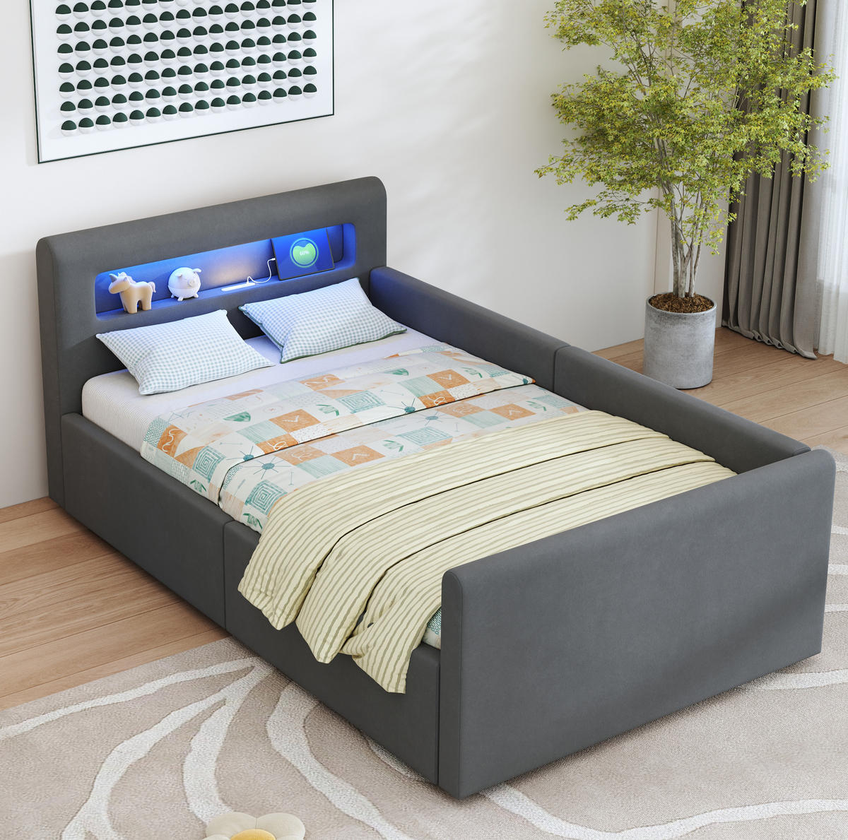 KINDERBETT 90/200 cm aus Samt mit LED-Beleuchtung und Hydraulik-Stauraum Dunkelgrau - Grau, Textil (90/200cm) - Modenvie