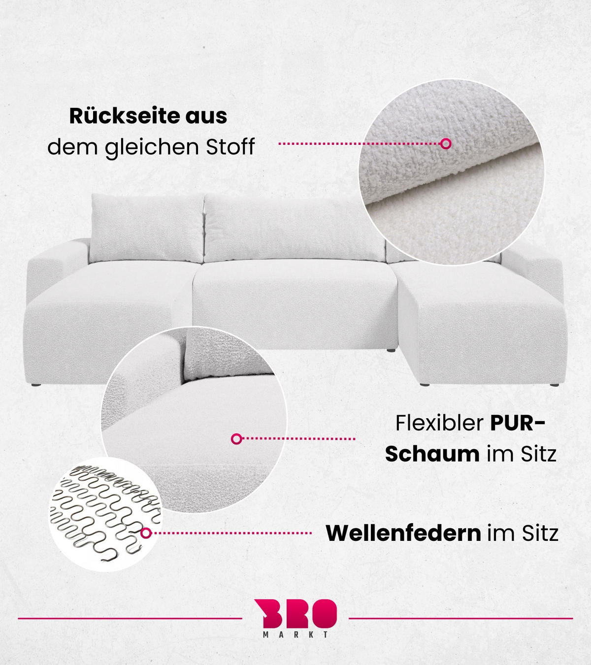 WOHNLANDSCHAFT Plush mit Schlaffunktion Weiß Boucle - Weiß, Kunststoff/Textil (315/72/145cm) - Bromarkt