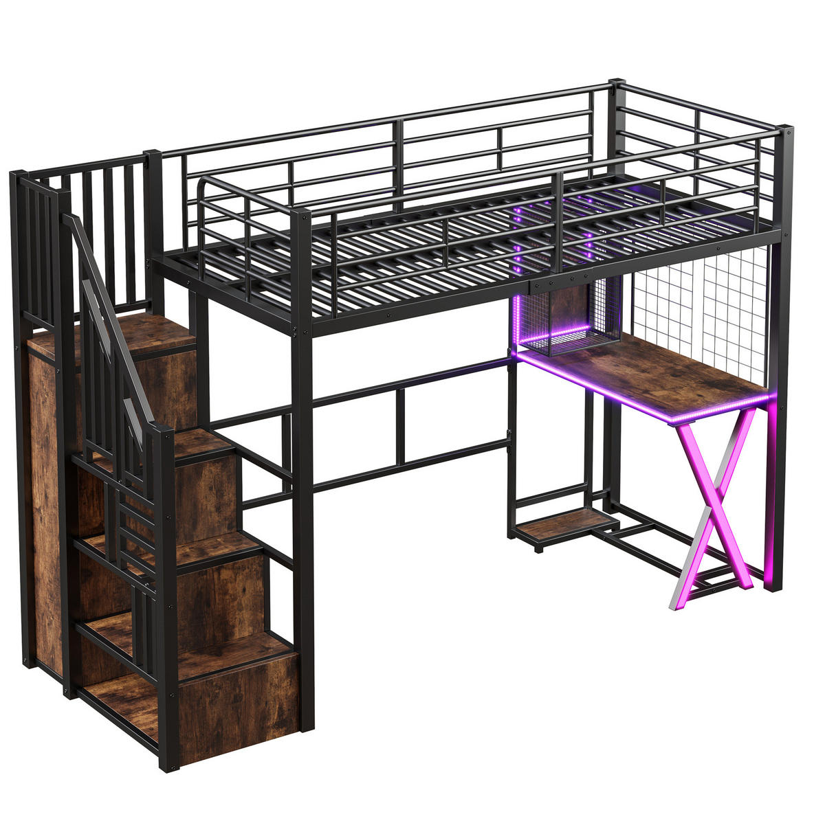 HOCHBETT 90/200 cm mit LED-Ambientelicht, Ablageleiter, Schreibtisch, Kleiderschrank und Regalen, Schwarz - Schwarz, Holzwerkstoff (90/200cm) - Redom