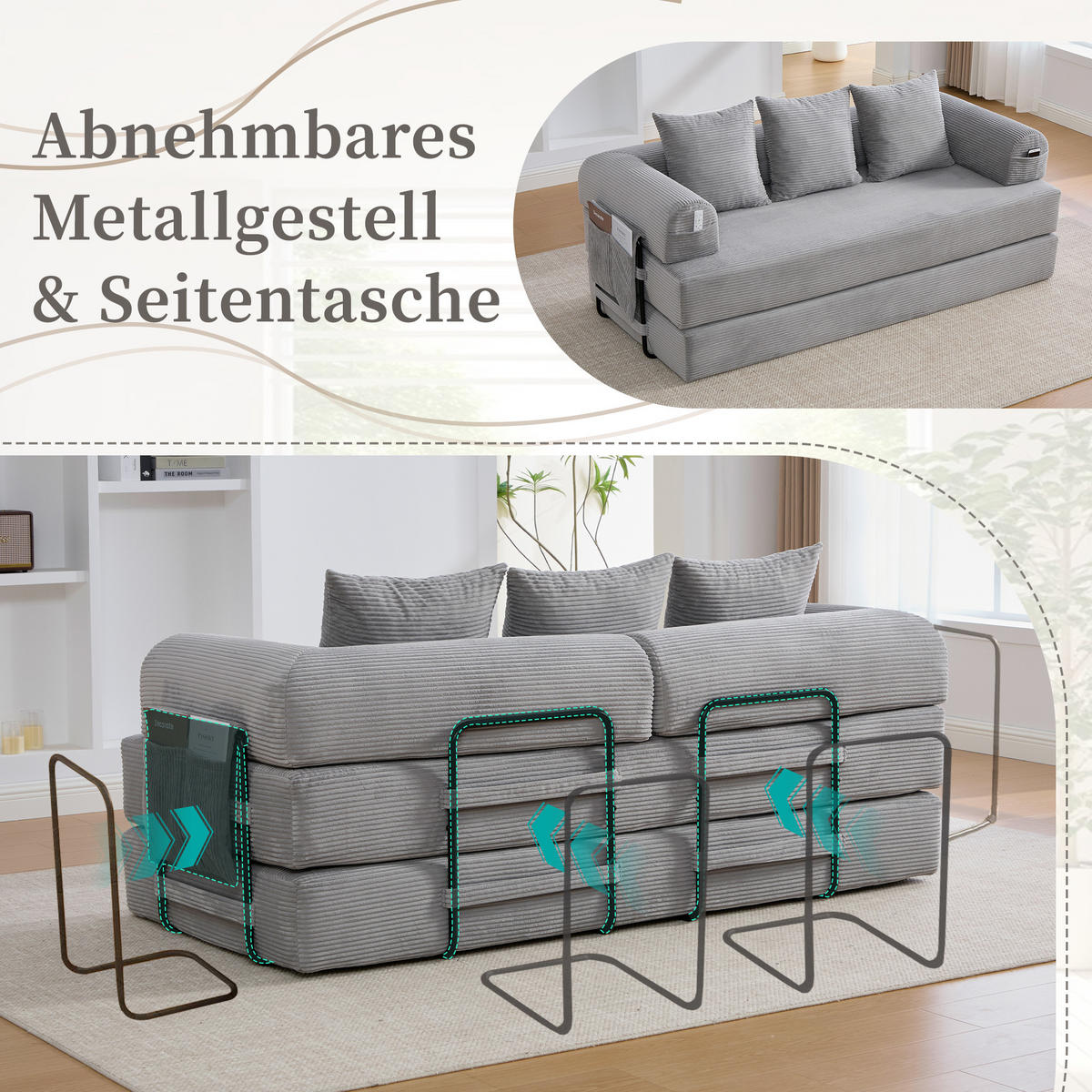 SCHLAFSOFA, Modulares Tagesbett mit Metallgestell, Klappbares Bodensofa Cordstoff, Hellgrau - Hellgrau, Textil (94/67/200cm) - LVHOM