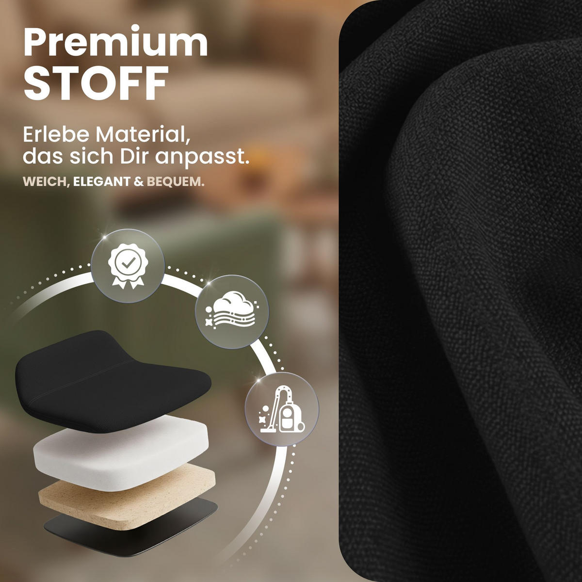 STUHL Stoff Schwarz - Eukalyptusholzfarben/Schwarz, Holz/Textil (49/83/50cm) - CLP