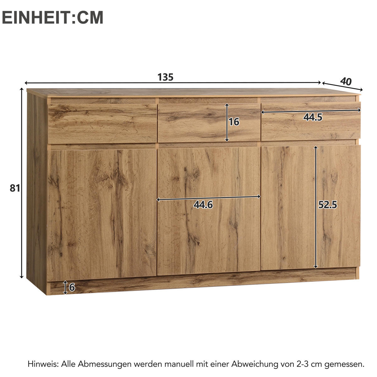 KOMODA 135/40/81 cm u boji drveta od iverala s 3 vrata 3 ladice i podesivim policama - prirodne boje, drvni materijal (135/81/40cm) - OKWISH