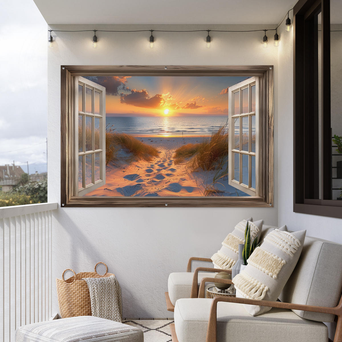 GARTENPOSTER Durchblick - Strand - Dünen - Sonnenuntergang 180x120 cm - Orange, Kunststoff (180/120/0.2cm) - OnlyWow