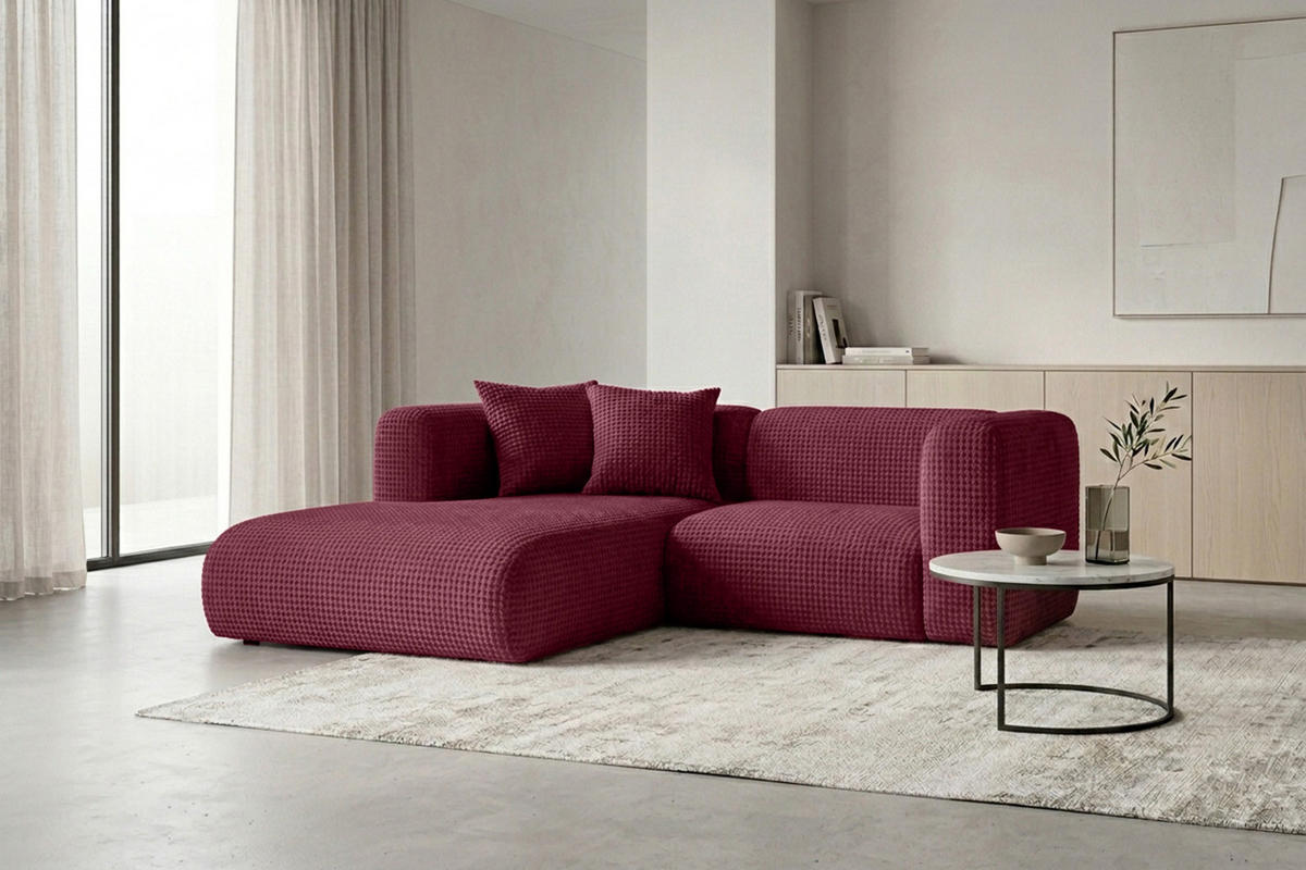 ECKSOFA L-Form mini, Chenille-Stoff Cremona, Rotwein, Links, GRETA - Weinrot, Holz (226/179cm) - Kaiser Möbel