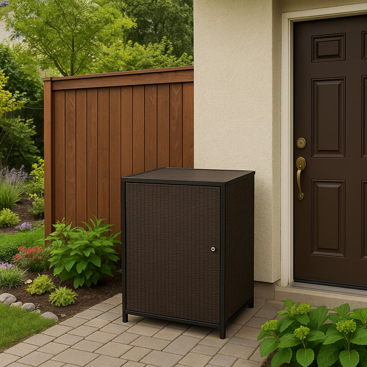 MÜLLTONNENBOX Belfast für Tonnen bis 240L - Mülltonnenverkleidung aus Metall und Polyrattan mocca. BxTxH: 76x78x123 cm - Braun, Metall (76/123/78cm) - TPFGarden