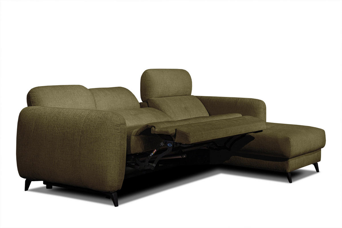 ECKSOFA SVEN 3-Sitzer, 1 Relax XL, verstellbare Kopfstützen, olivgrün - Schwarz/Olivgrün, Holzwerkstoff/Textil (256/163cm) - Courtois Laville