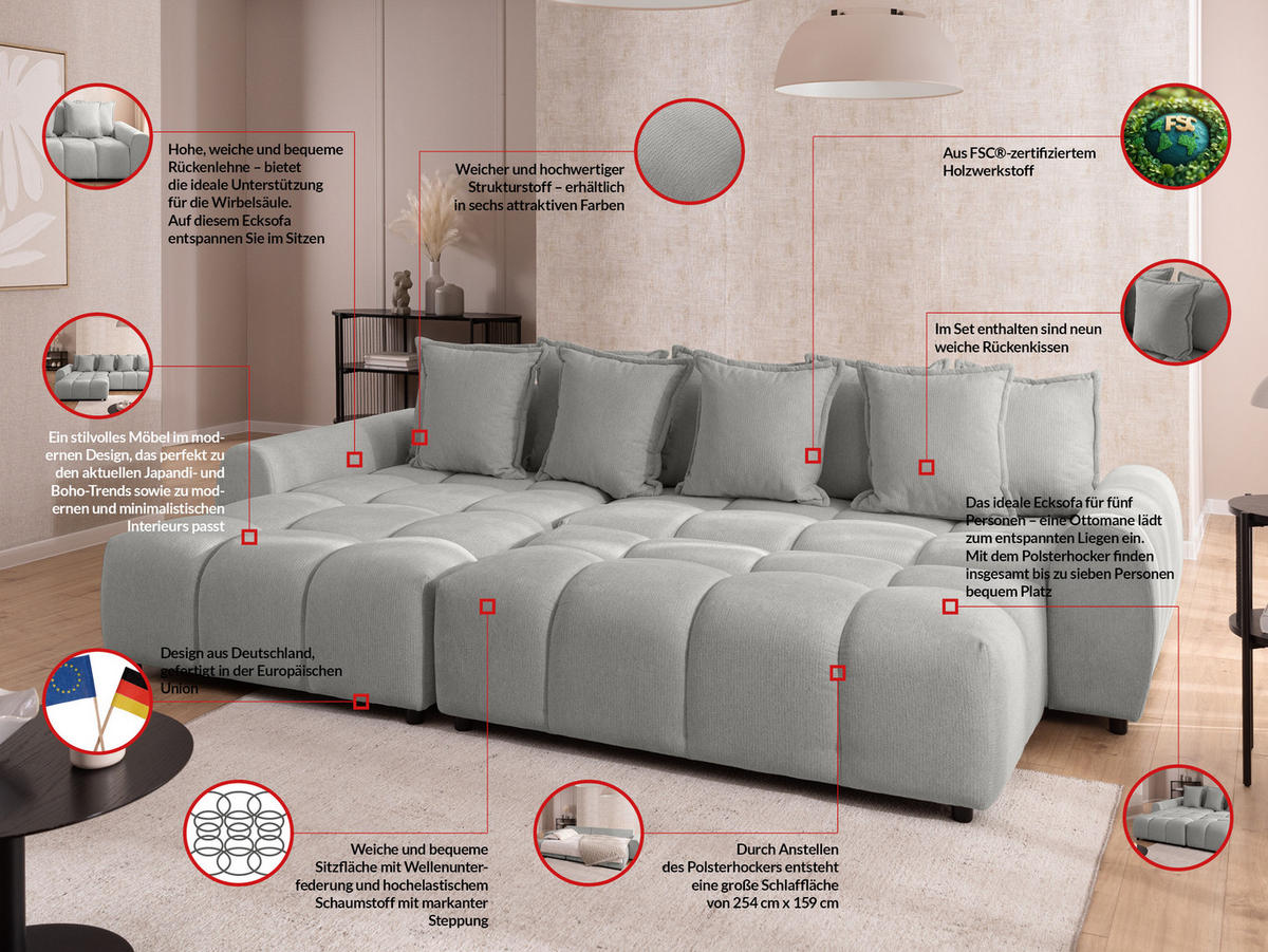 ECKSOFA inkl. Hocker Bubble mit Schlaffunktion und losen Rückenkissen, Sitzfläche in Bubble-Optik aus weichem Hellgrau Strukturstoff - Ottomane Links - Hellgrau/Schwarz, Holz/Kunststoff (180/306cm) - S-Style Möbel