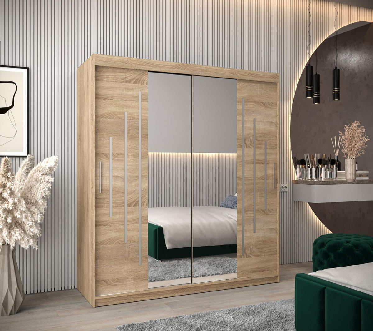 SCHWEBETÜRENSCHRANK 200/180/62 2-türig - Silberfarben/Sonoma Eiche, Holz/Kunststoff (180/200/62cm) - Abiks Möbel