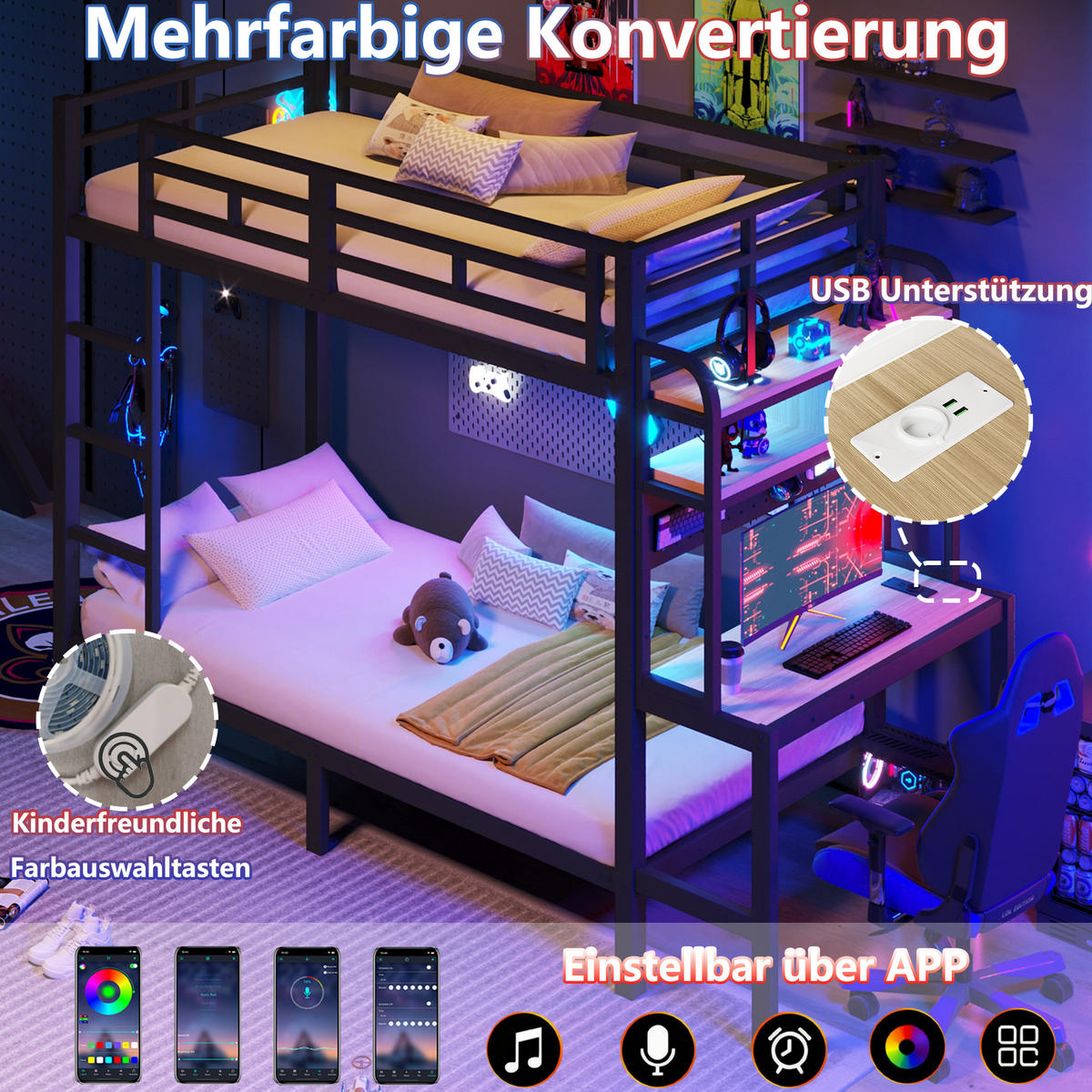 ETAGENBETT 90/200 cm in Schwarz mit Schreibtisch, Ablage, LED und USB - Schwarz, Holzwerkstoff/Metall (90/200cm) - STILVORA