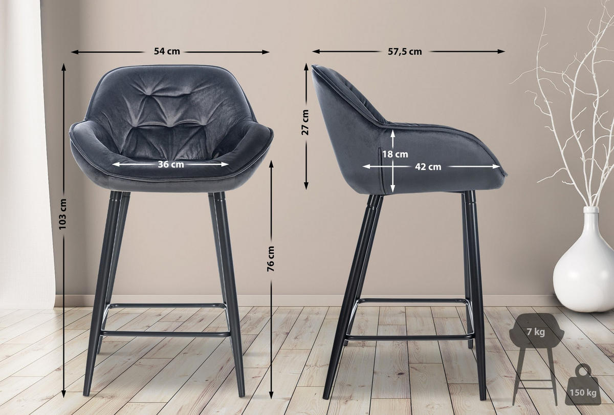 BARHOCKER 2er Set Samt dunkelgrau - Dunkelgrau/Schwarz, Textil/Metall (54/103/57.5cm) - CLP