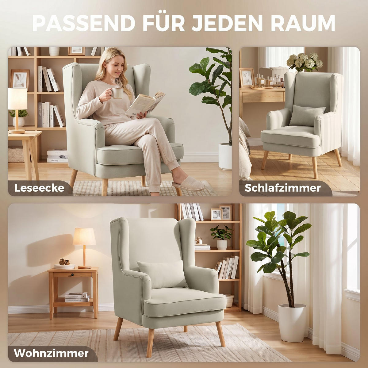 OHRENSESSEL Leinen, Gummiholz Beige - Beige/Naturfarben, Holz/Textil (77/110/77cm) - HOMCOM
