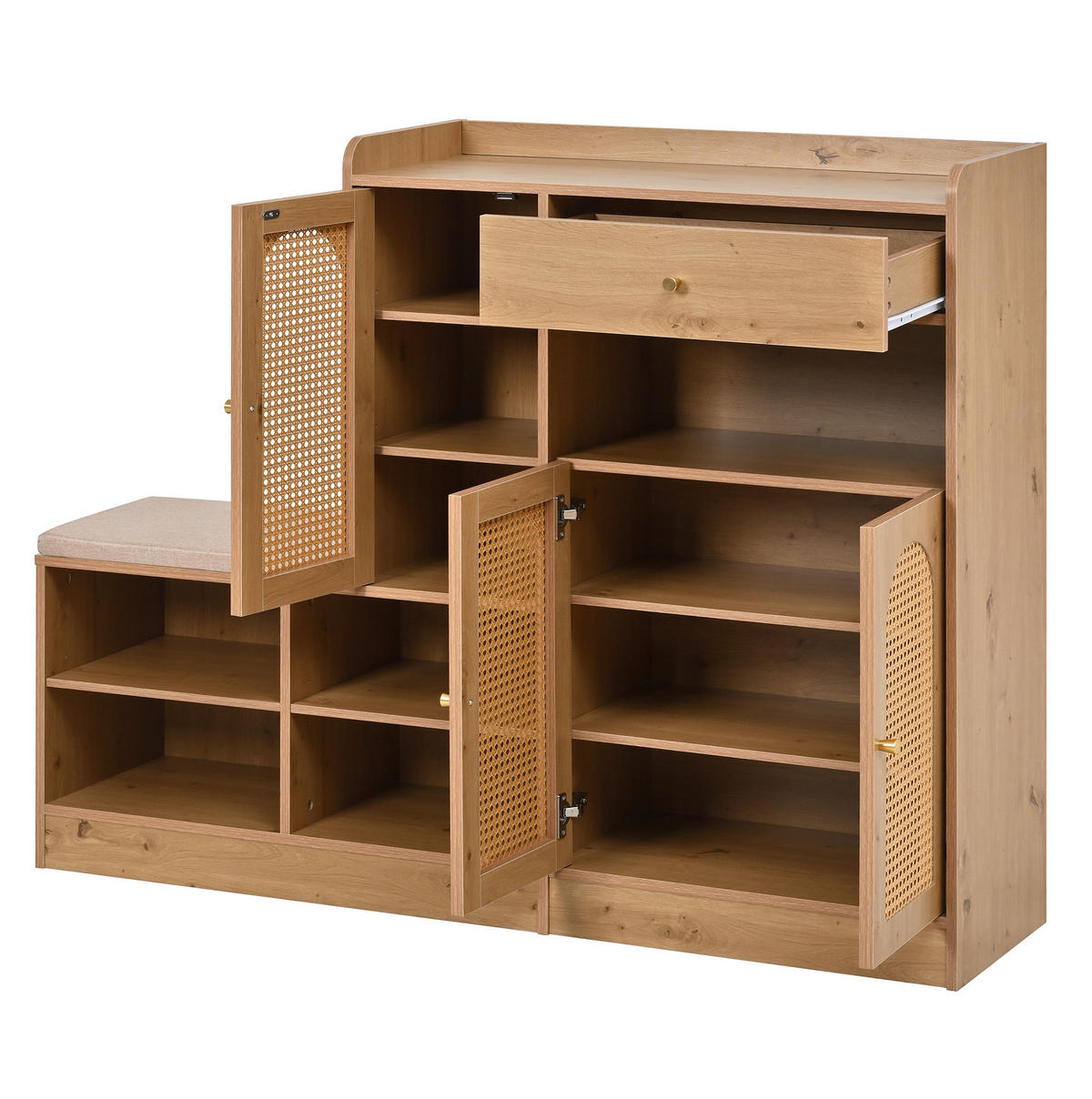 SCHUHSCHRANK 142/35/110 cm Natural aus Spanplatte mit Bank und Rattantüren - Naturfarben, Holzwerkstoff (142/110/35cm) - OKWISH