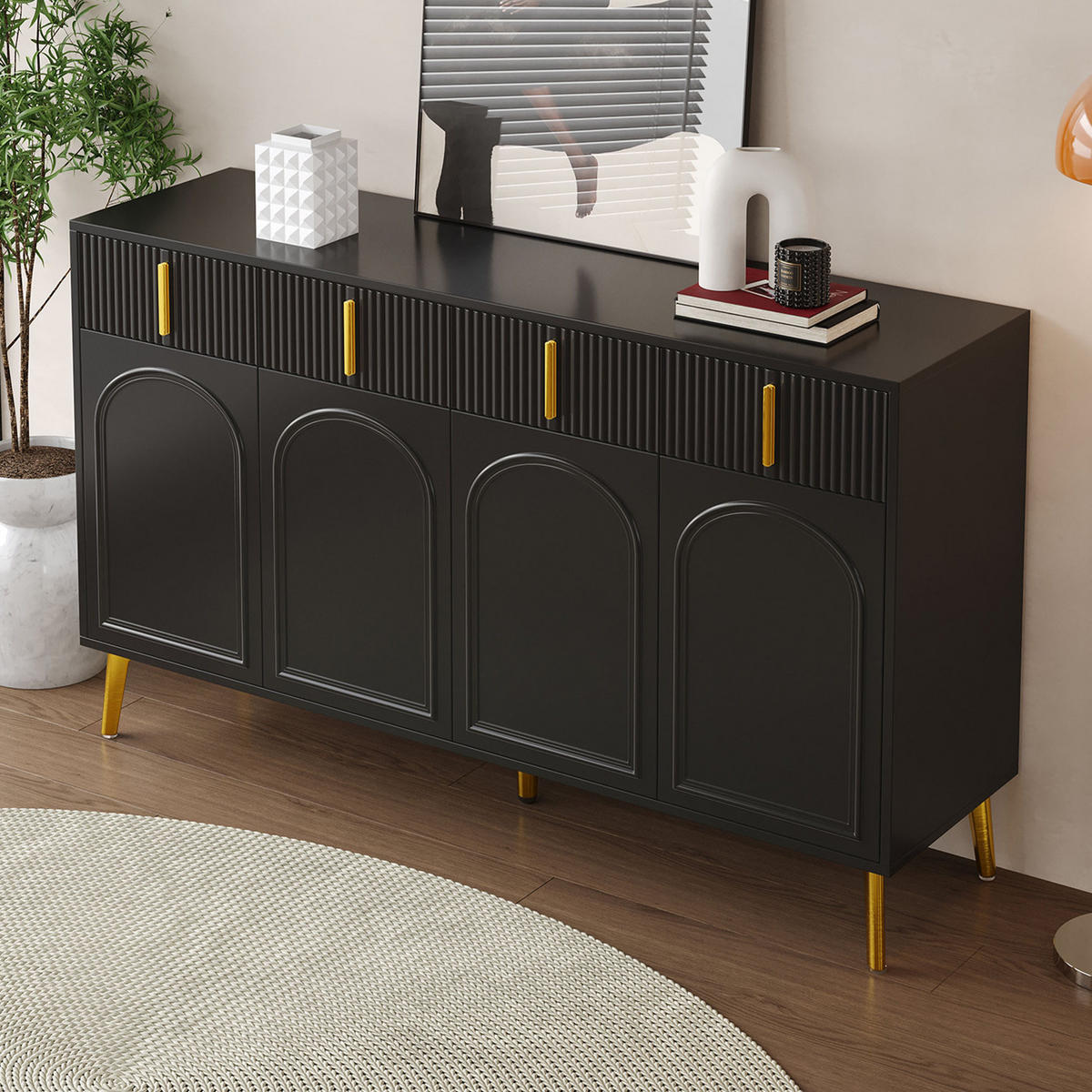 SIDEBOARD mit 4 Türen und 4 Schubladen 140 x 38 x 82 cm Schwarz - Schwarz, Holzwerkstoff (140/82/38cm) - Meubliv