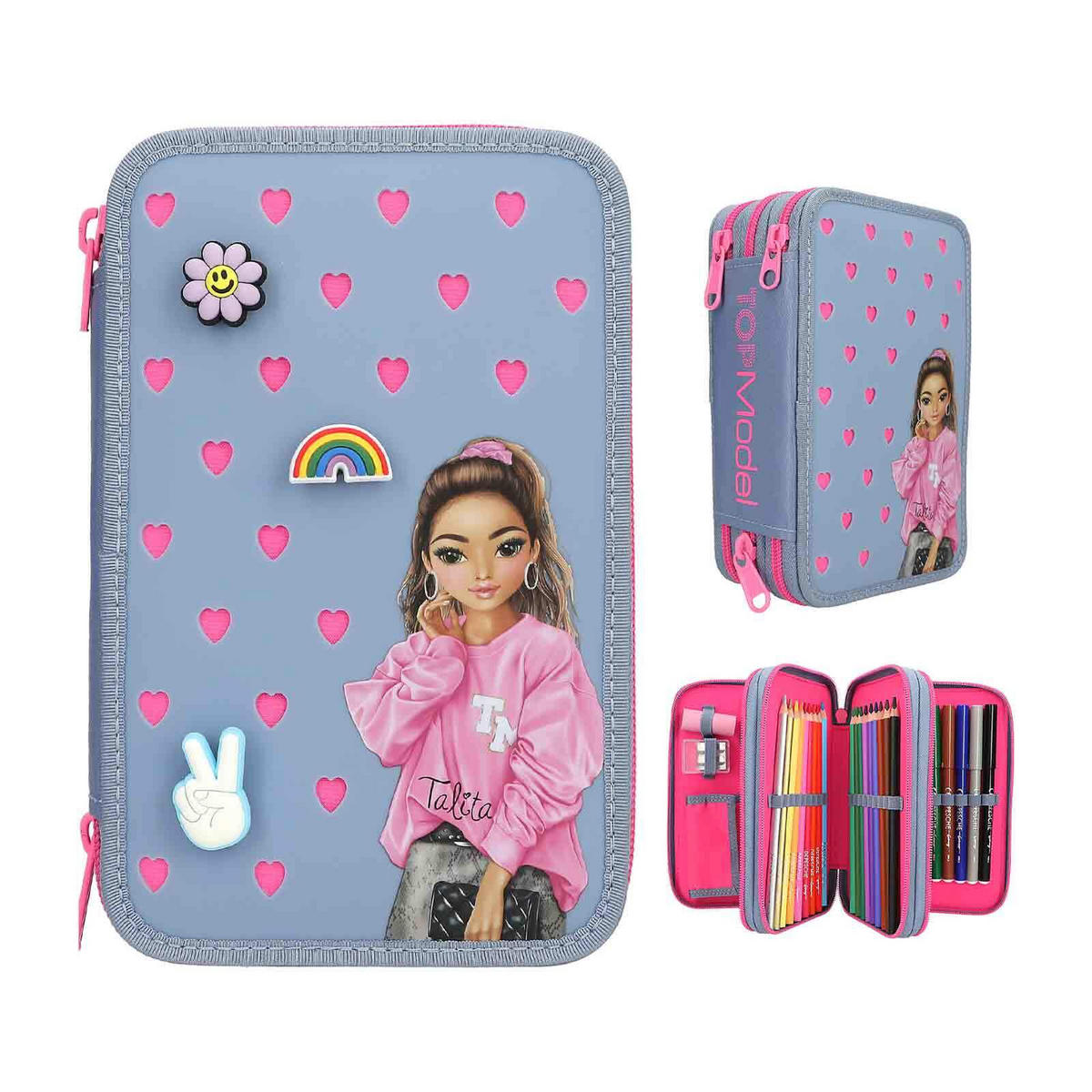 3-FACH FEDERTASCHE MIT SILIKON-PINS TOPModel blau 7,5 x 13 x 20 cm - Blau, Kunststoff (13/20/7.5cm) - Depesche Germany