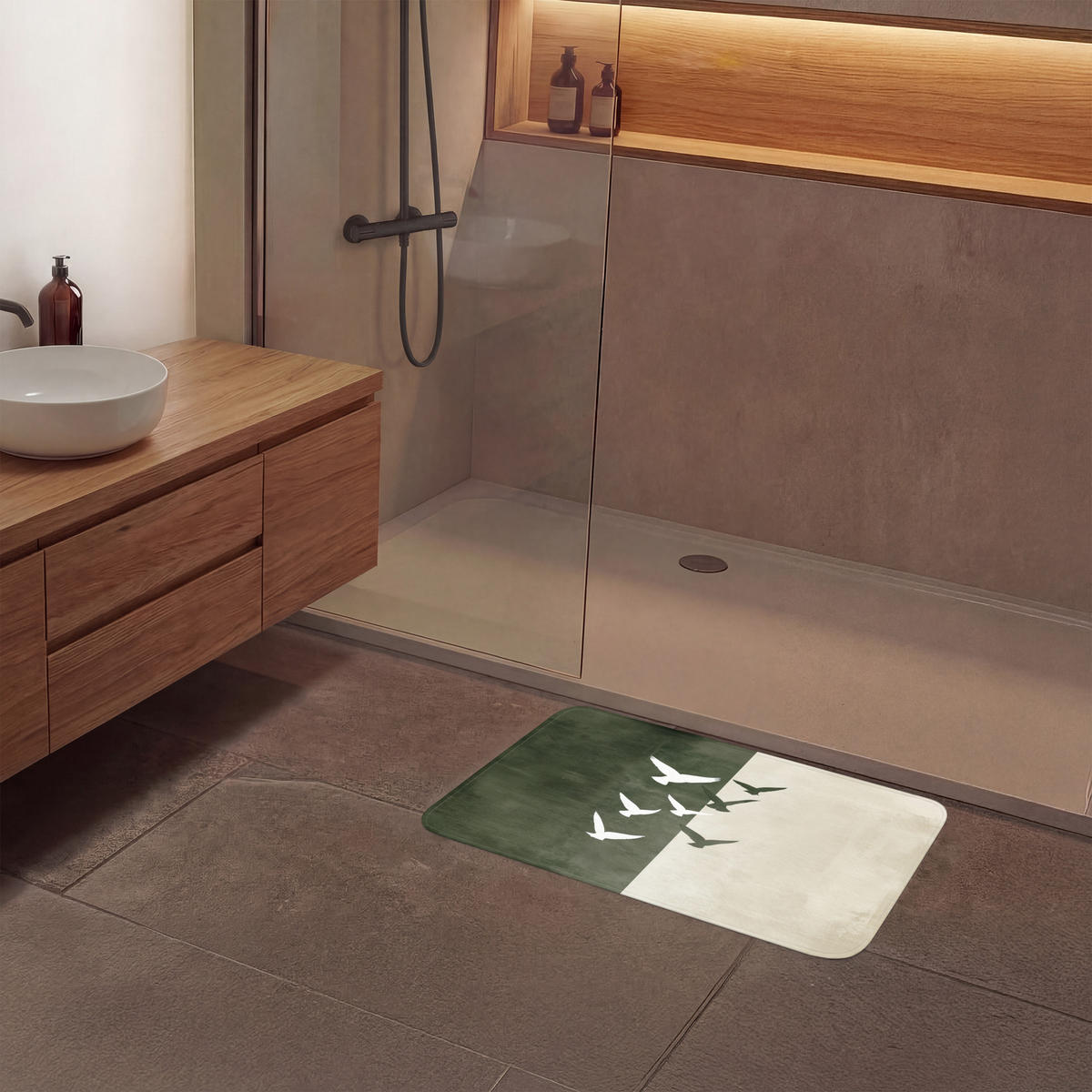 KOUPELNOVÁ PŘEDLOŽKA Japandi - Pták - Zelený 80x50 cm - olivově zelená, textil/plast (80/50cm)