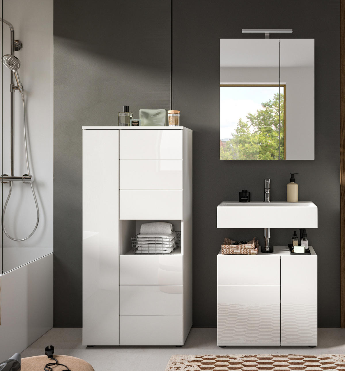 WASCHBECKENUNTERSCHRANK weiß Hochglanz 60 cm, Unterschrank 2-türig - Weiß Hochglanz/Schwarz, Holzwerkstoff/Kunststoff (60/56/34cm) - Inn.Furn