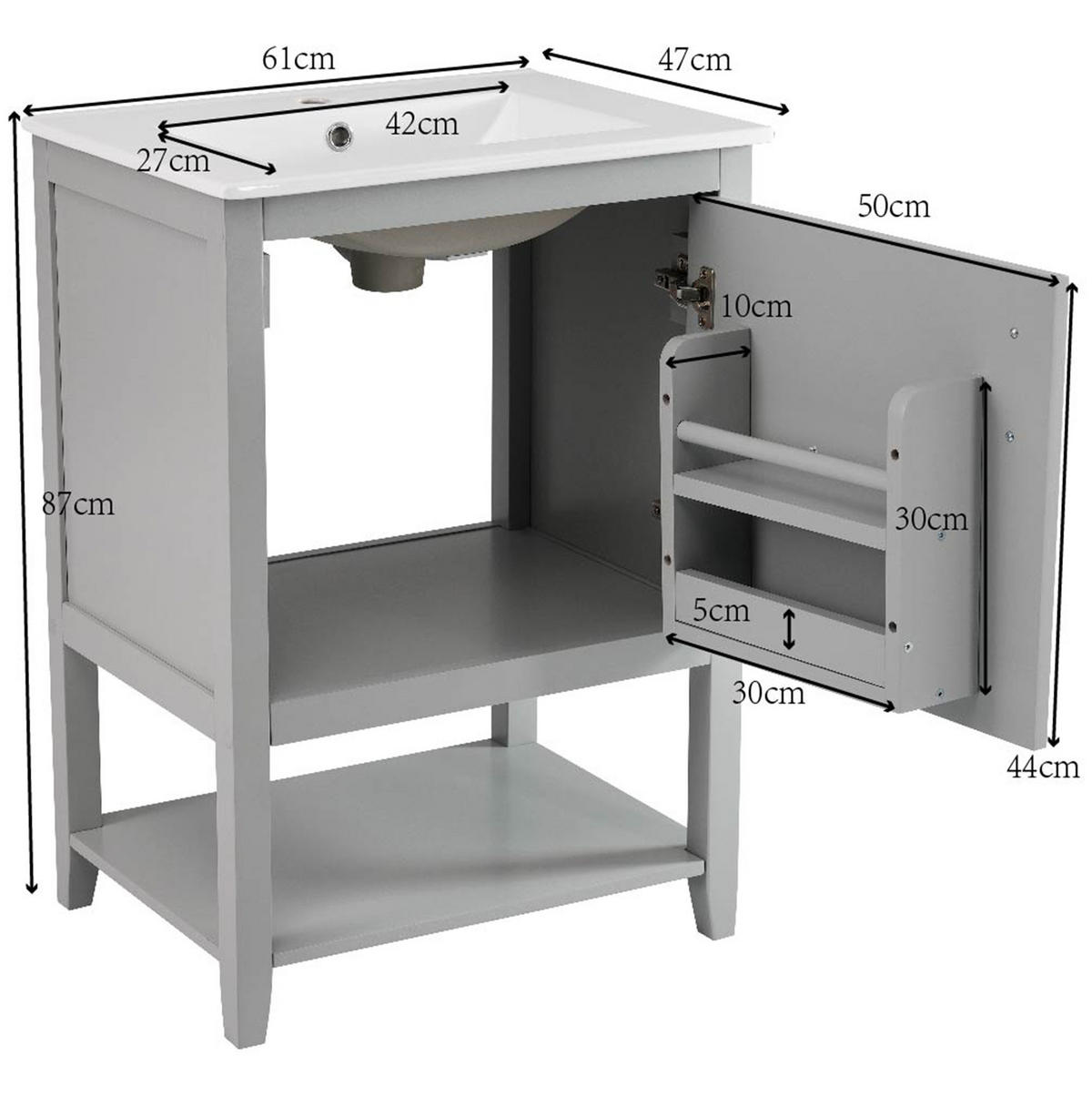 BADEZIMMERSCHRANK 61x47x87cm in Grau, wasserdicht & rutschfest - Grau, Holzwerkstoff (61/87/47cm) - Modfu