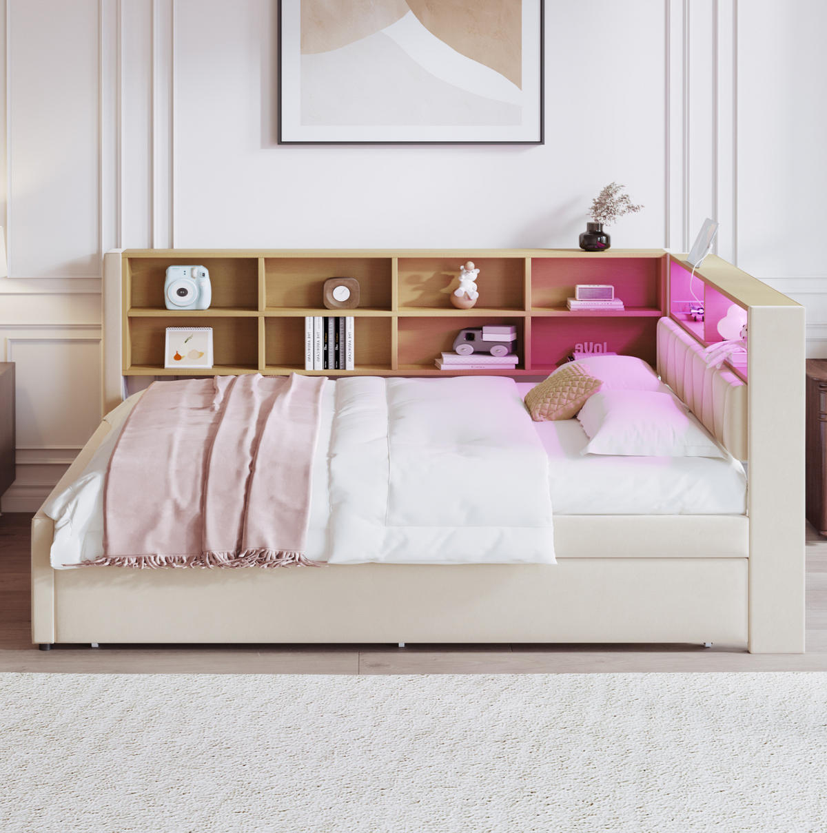 BETT 140/200 cm mit Ausziehbett 90/190 cm, LED, Stauraum und Ladeanschlüssen - Beige, Textil (140/200cm) - Flora Grace