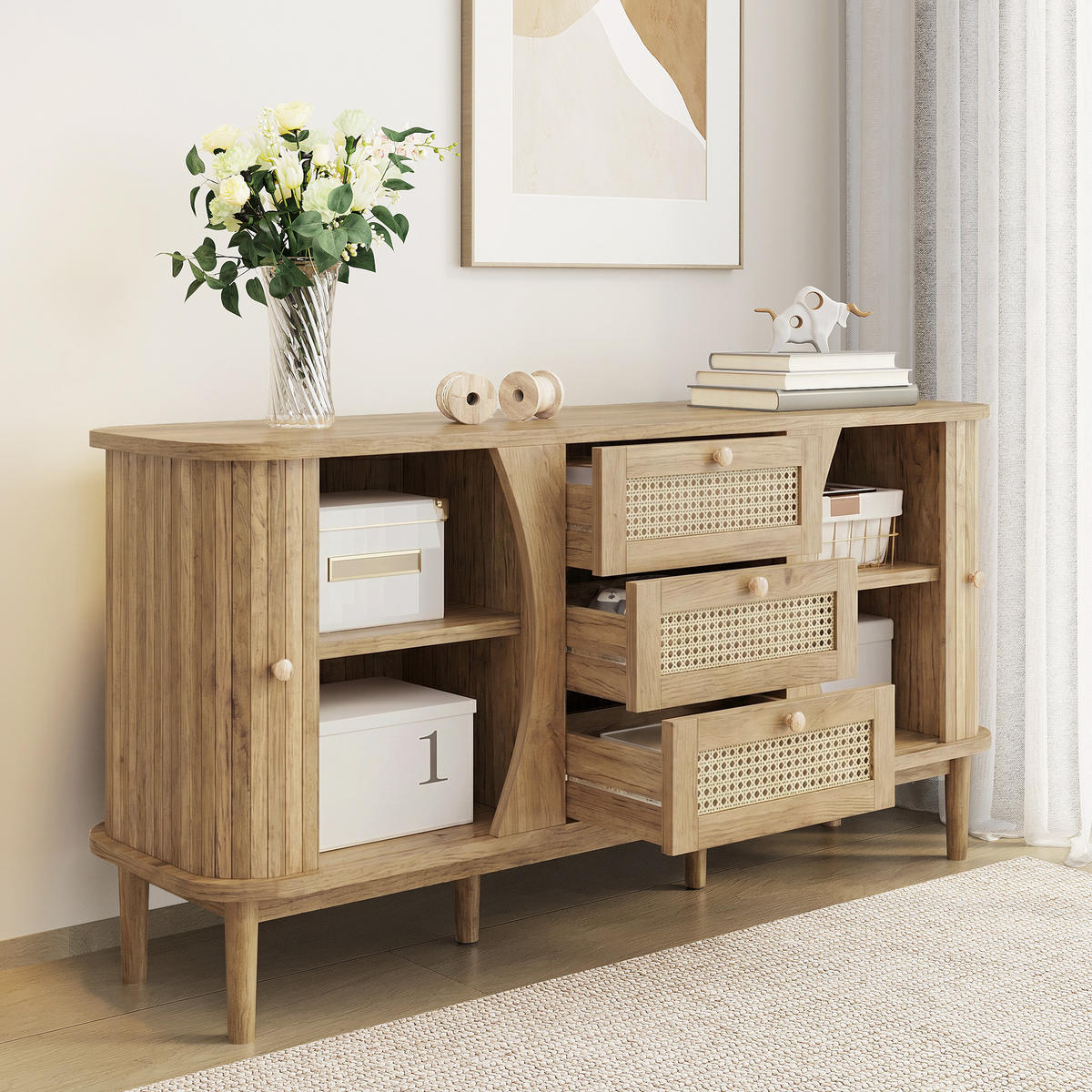 SIDEBOARD in Naturfarben mit Schiebetüren und Schubladen für Wohnzimmer, B140.5/T40/H76 cm - Naturfarben, Holzwerkstoff (140.5/76/40cm) - STILVORA